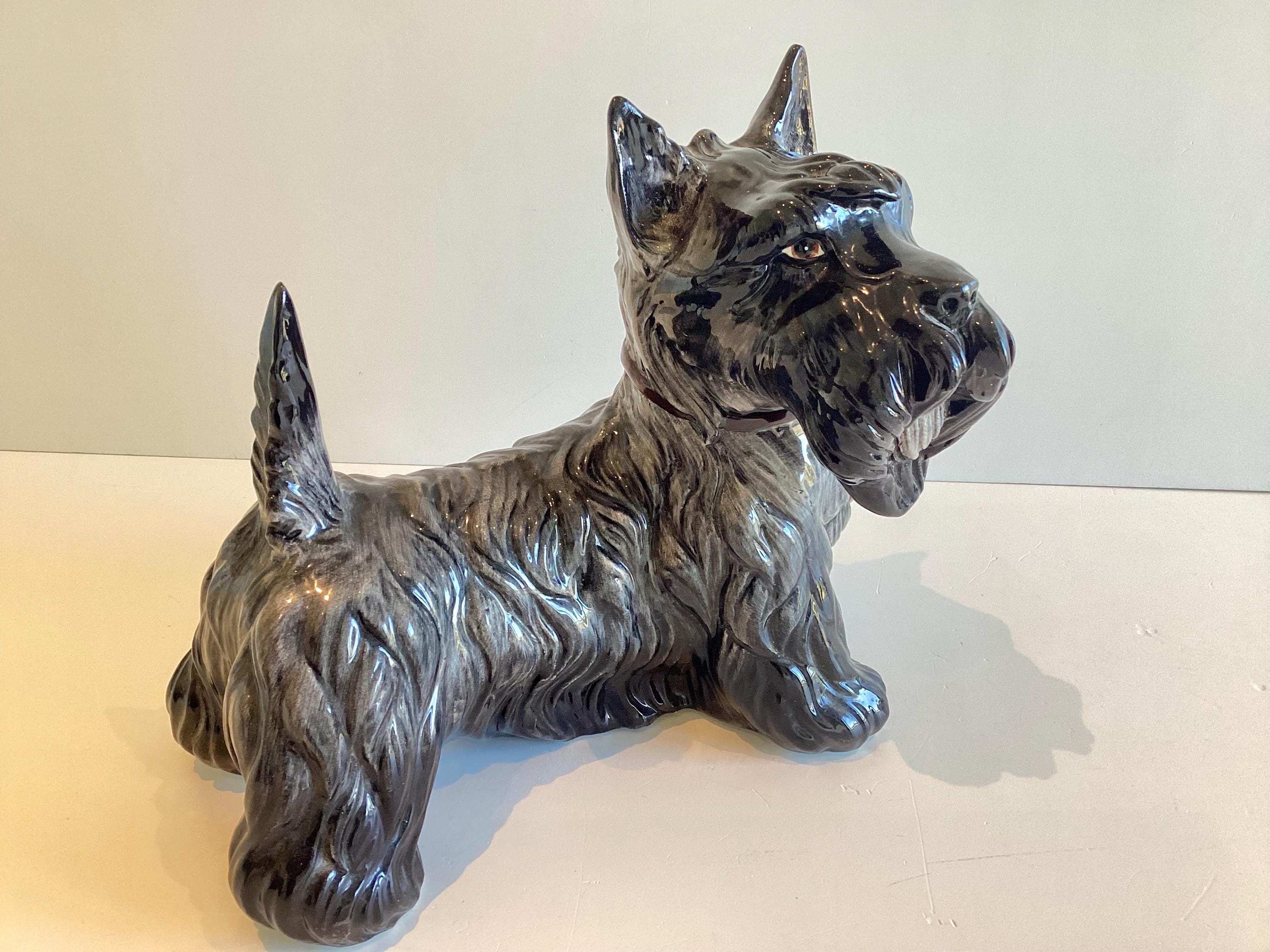 Vintage Figurine | Scottish Terrier 1950s Italian Ceramic Dog, Hand Painted Black Grey Glaze — photo 6 of 11