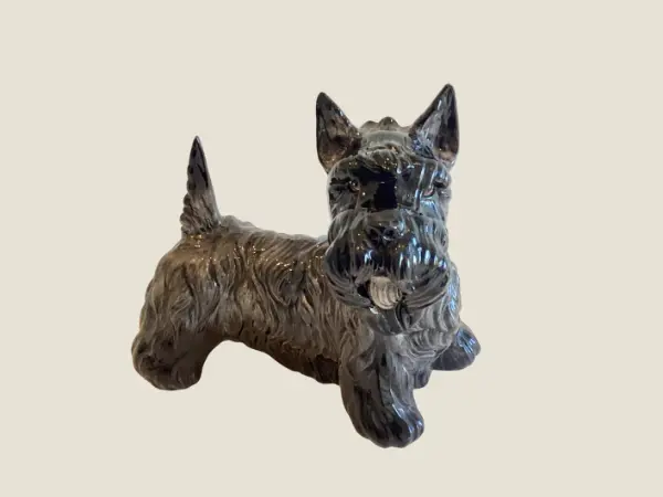 Vintage Figurine | Scottish Terrier 1950s Italian Ceramic Dog, Hand Painted Black Grey Glaze