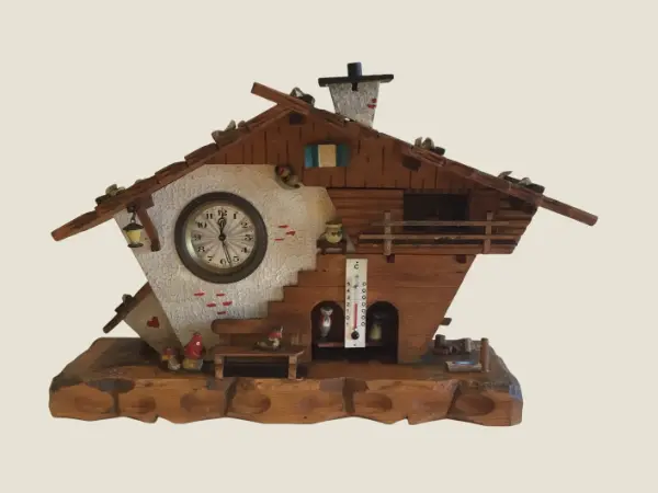 Large Wooden Chalet (1950s) Table Clock - Barometer Made In Germany