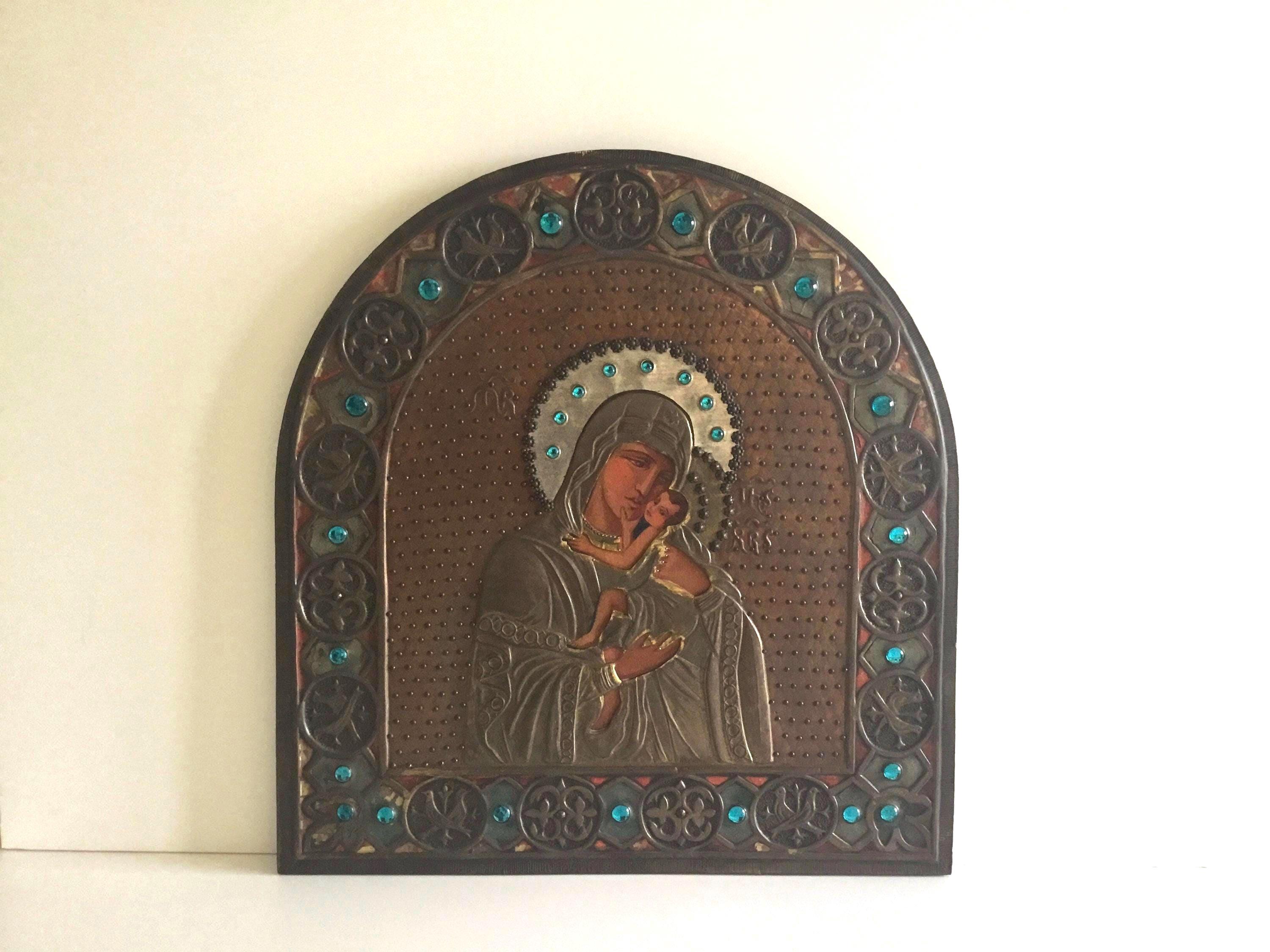 Antique Icon — Large Eleousa Madonna of Tenderness, Hand-Painted 1900s Orthodox Art — photo 2 of 10