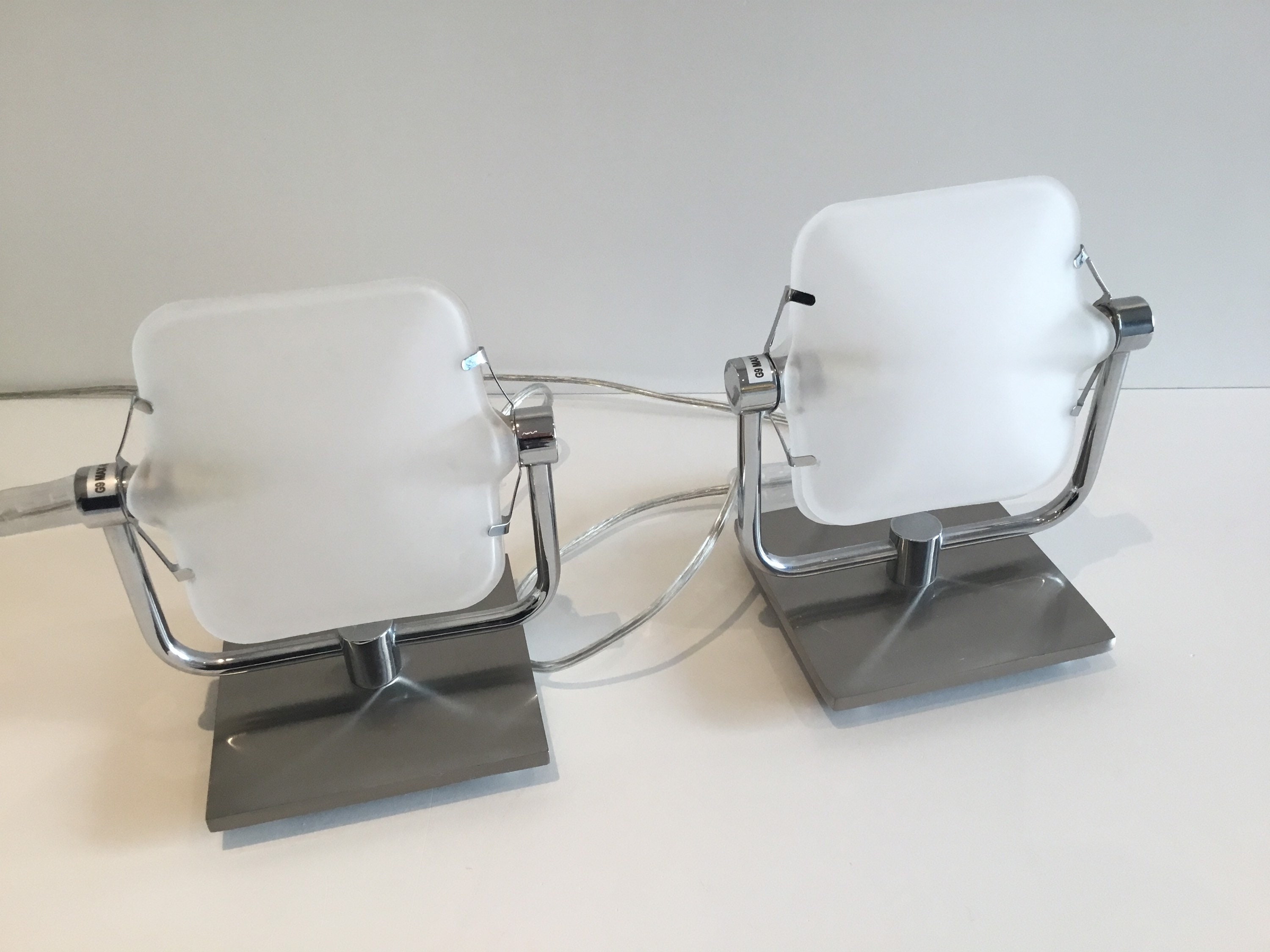 Vintage Lamps | 1980s Pair of Satin Steel, Plexiglass-Resin Table Lighting — photo 2 of 7