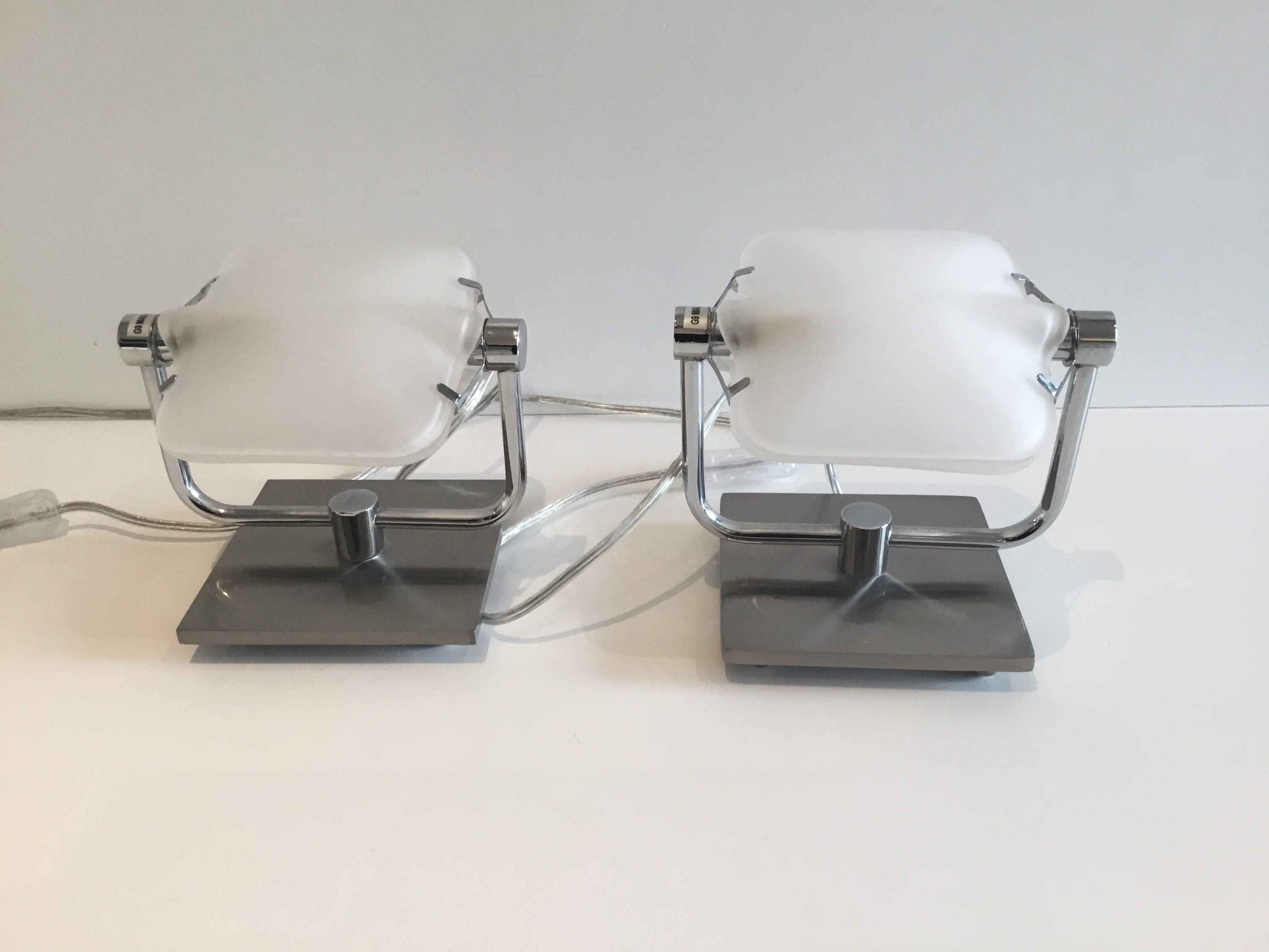 Vintage Lamps | 1980s Pair of Satin Steel, Plexiglass-Resin Table Lighting — photo 6 of 7
