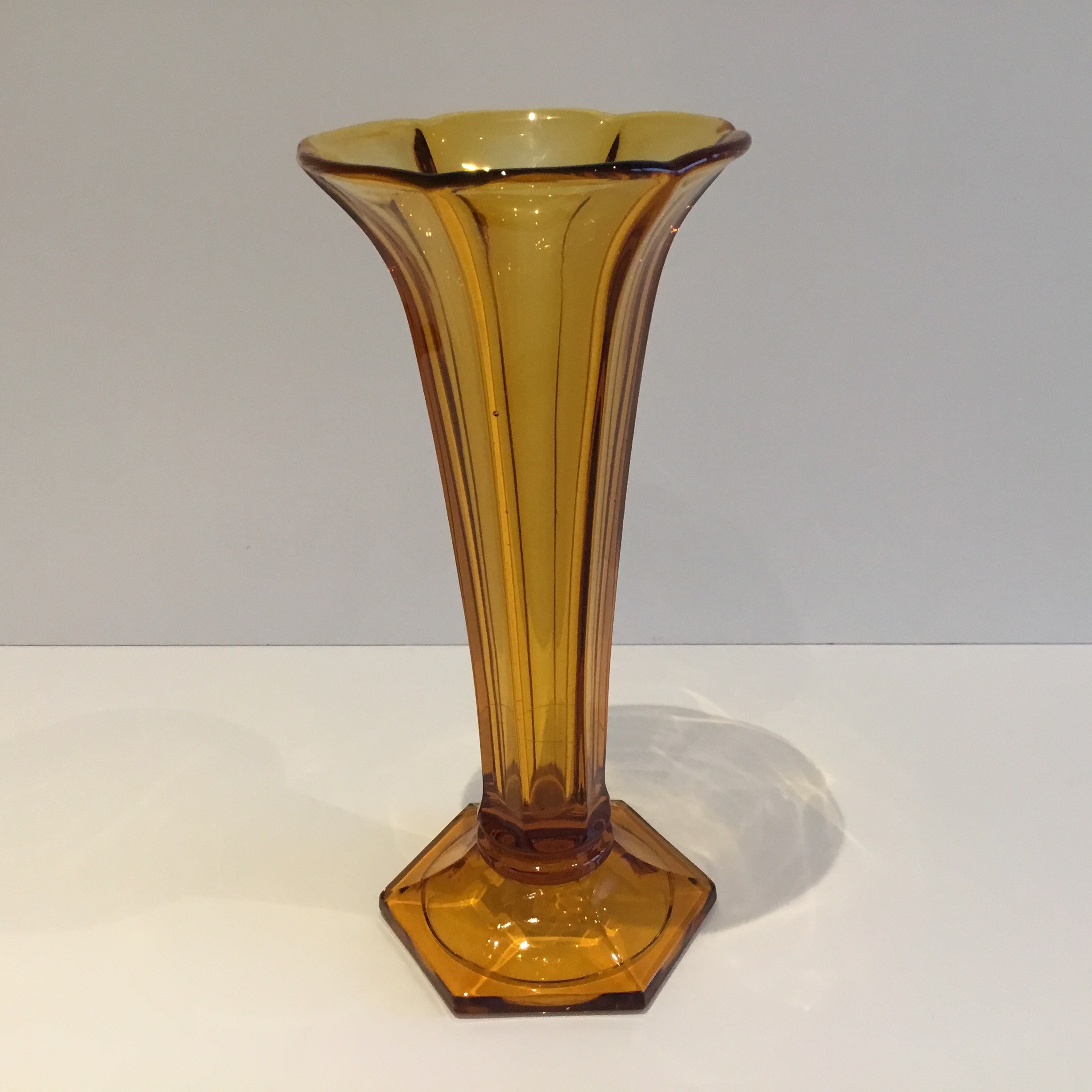 Vintage Crystal Vase | Val Saint Lambert 1930s Belgium, Art Deco Yellow Amber Signed — photo 3 of 9