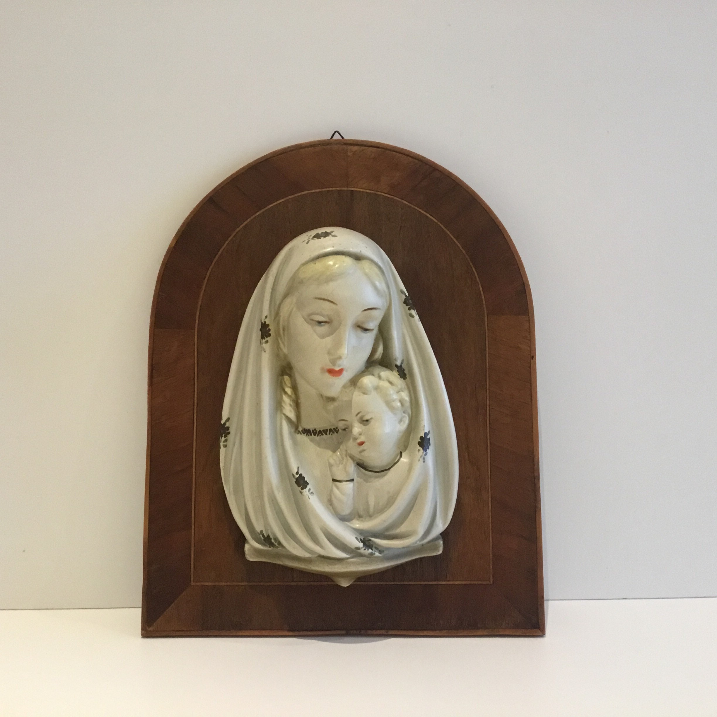 Vintage Italian Religious Art — Madonna With Child Majolica Sculpture, Hand-Painted 1900s — photo 2 of 7