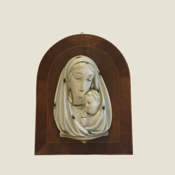 Vintage Italian Religious Art — Madonna With Child Majolica Sculpture, Hand-Painted 1900s