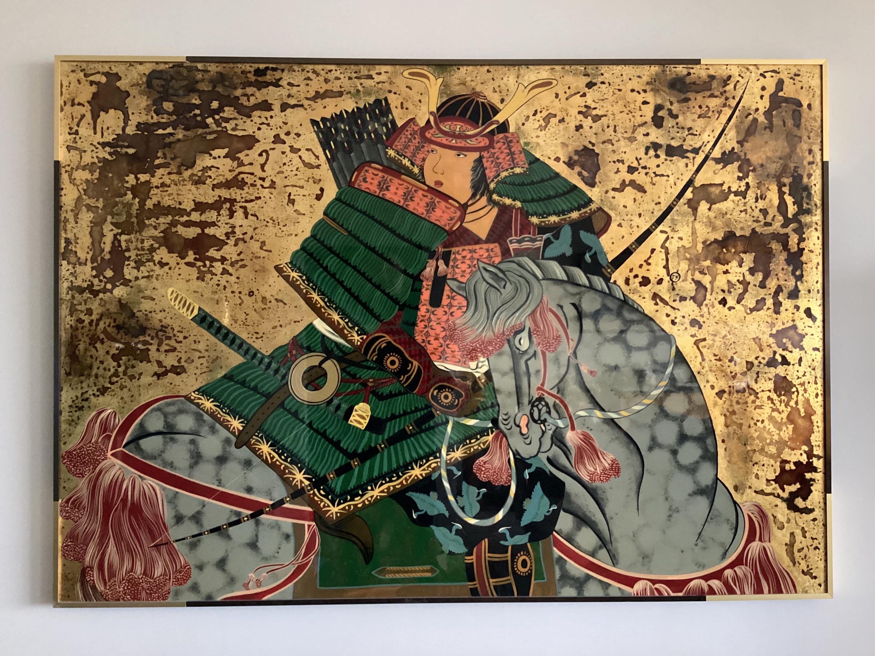 Pop Art Painting | 1970s Acrylic Gold Leaf Samurai, Japanese Warrior Bold Colors — photo 2 of 10