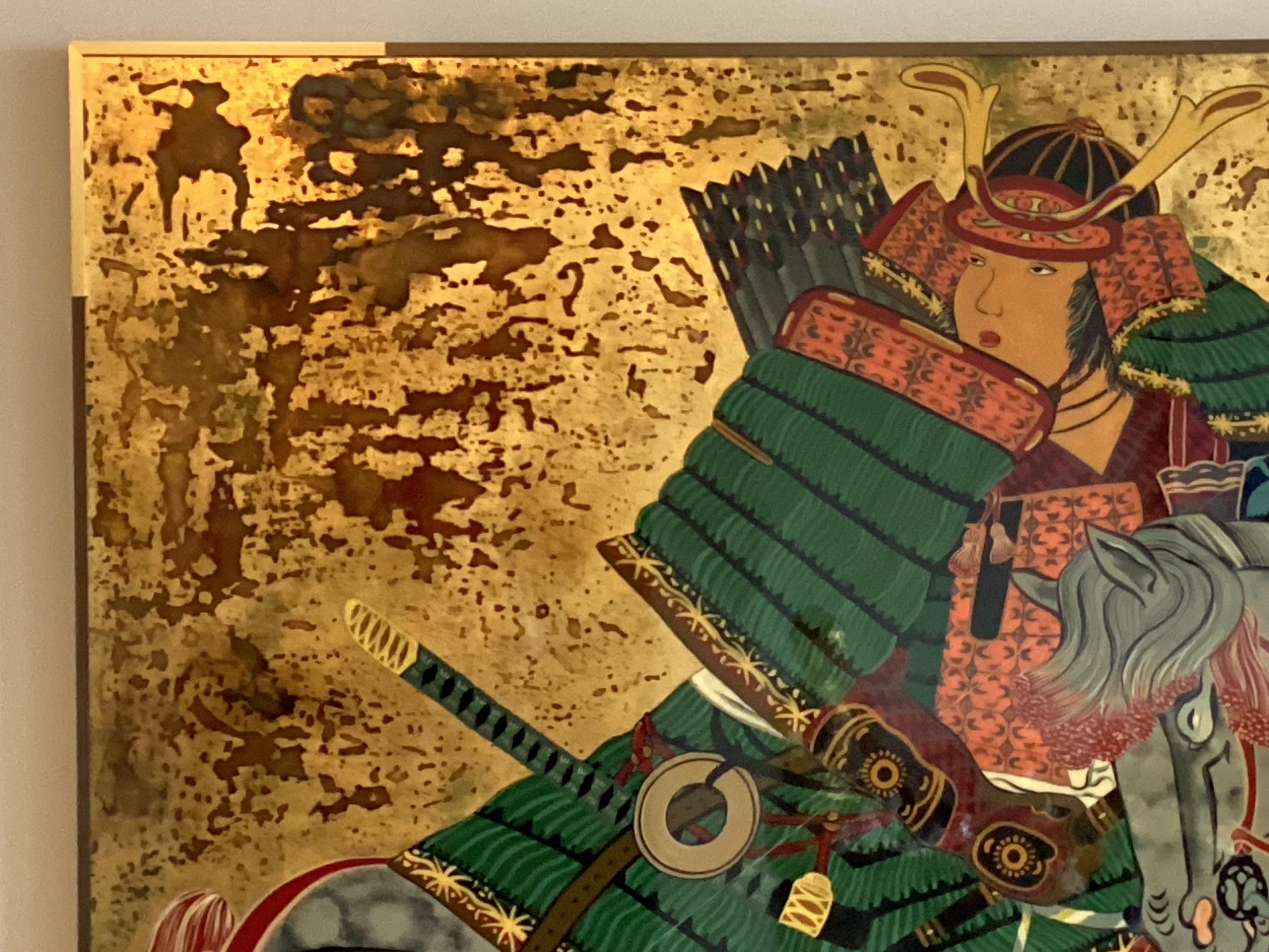 Pop Art Painting | 1970s Acrylic Gold Leaf Samurai, Japanese Warrior Bold Colors — photo 9 of 10