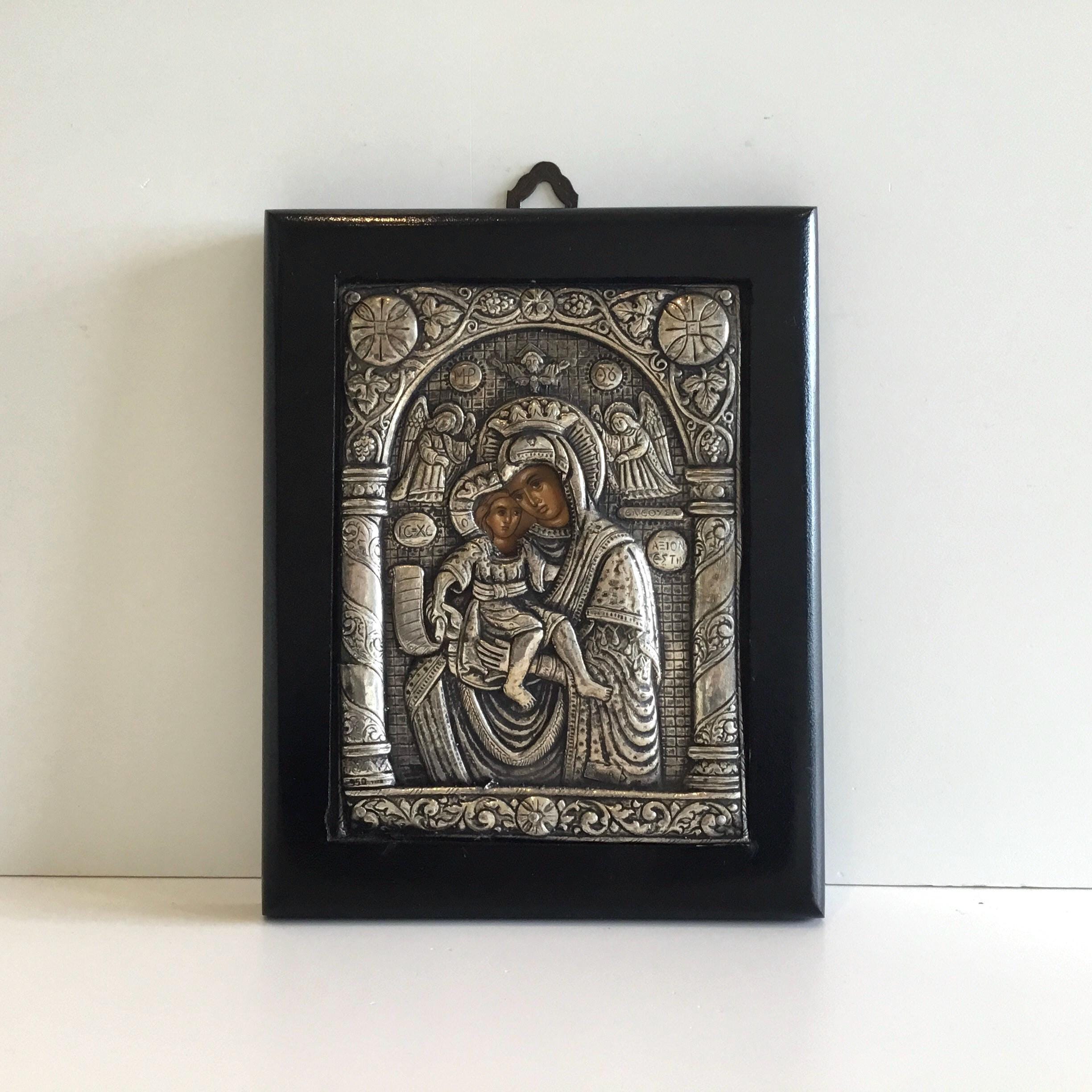 Religious Icon | 950 Silver Madonna & Child, 1960s Greek Byzantine Art — photo 2 of 9