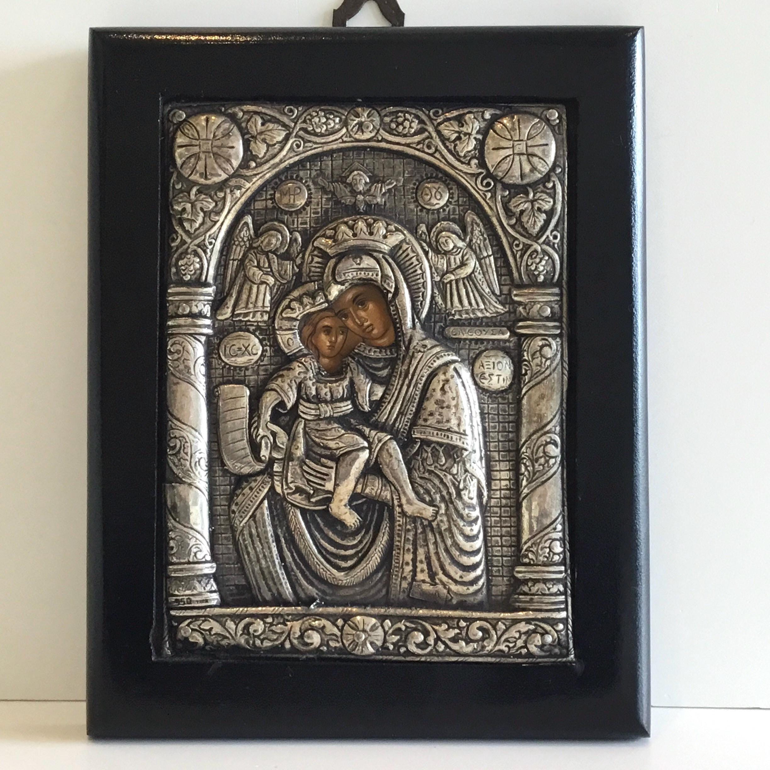 Religious Icon | 950 Silver Madonna & Child, 1960s Greek Byzantine Art — photo 3 of 9