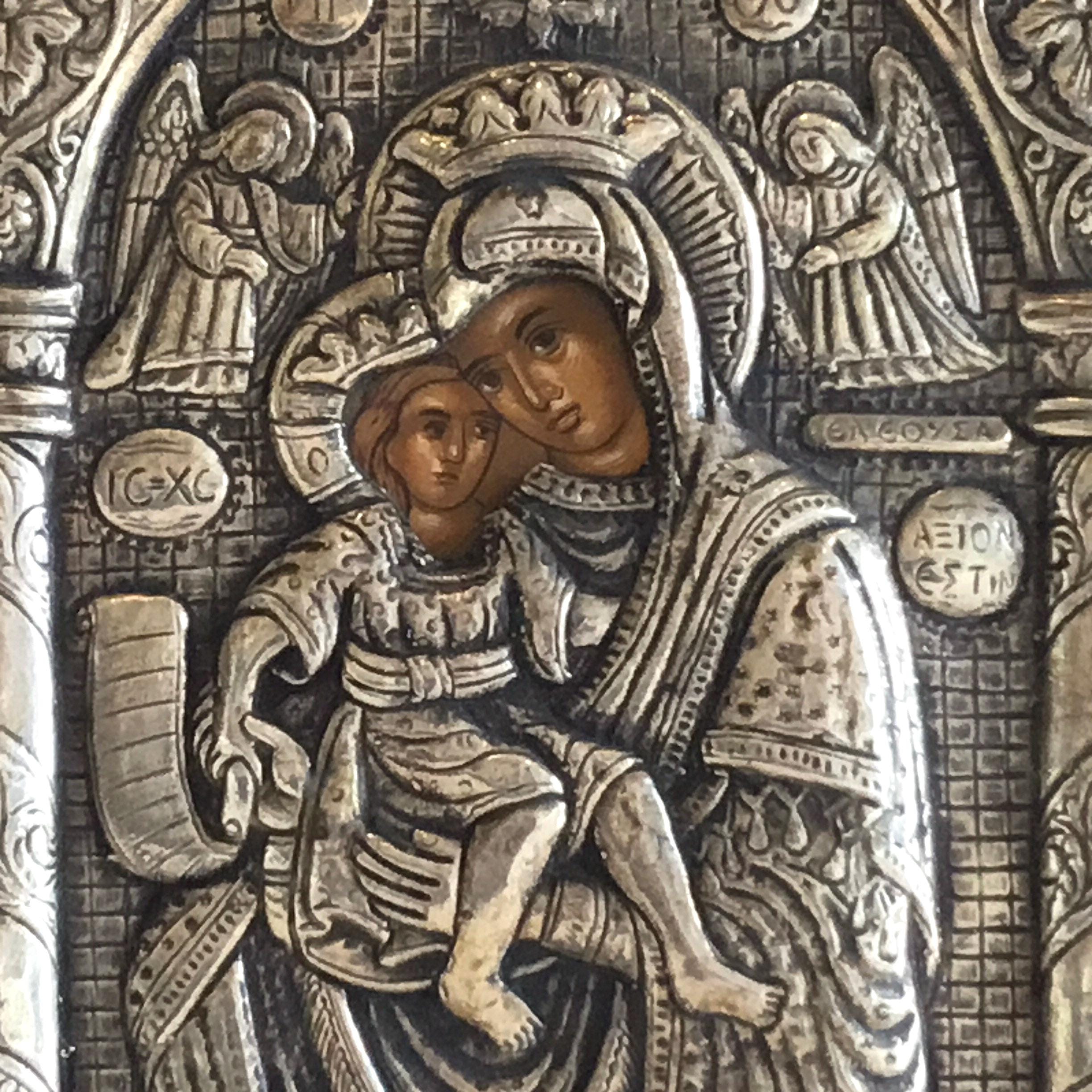 Religious Icon | 950 Silver Madonna & Child, 1960s Greek Byzantine Art — photo 5 of 9