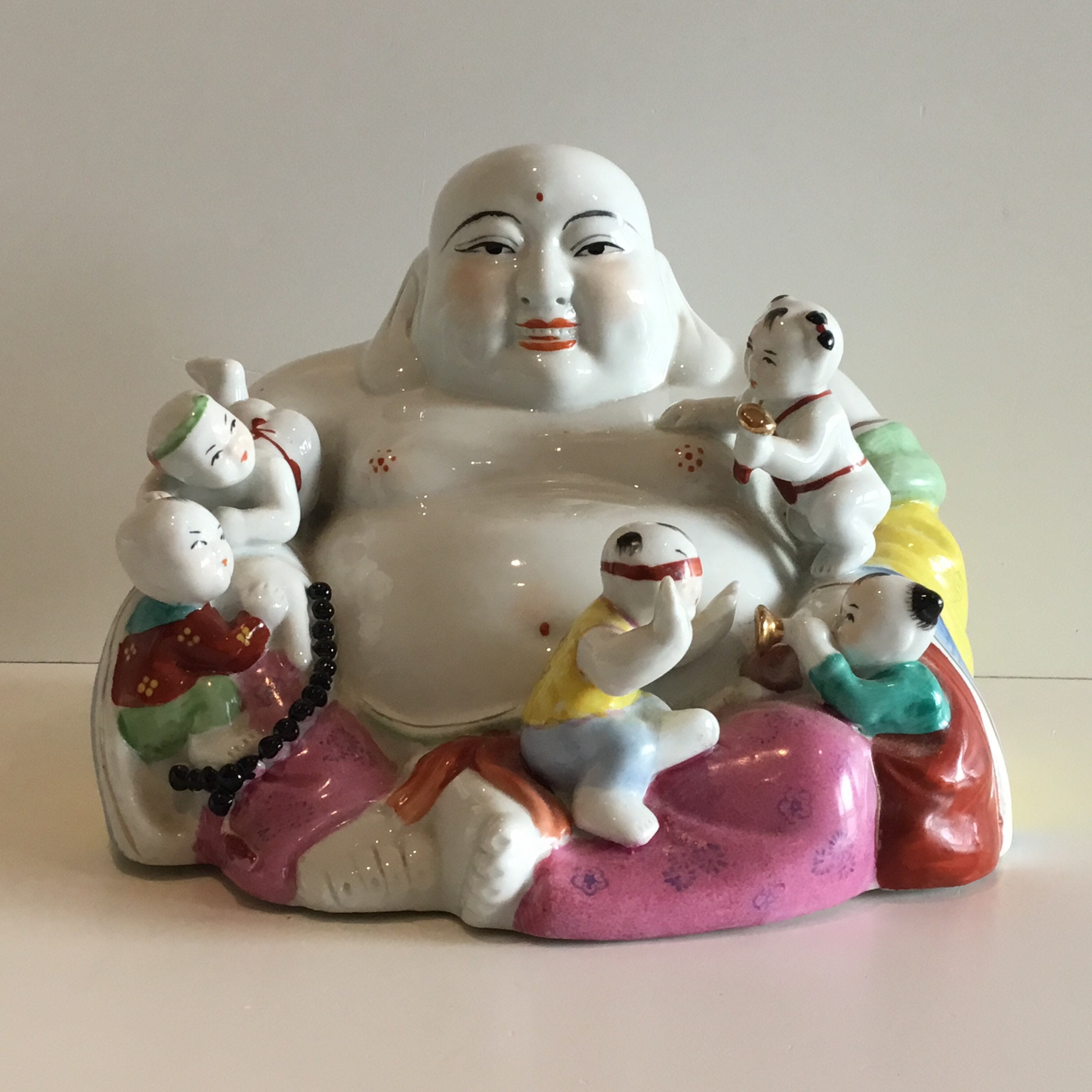 Vintage Porcelain Buddha | 1950s Chinese Laughing Buddha with Children, Hand Painted — photo 2 of 7