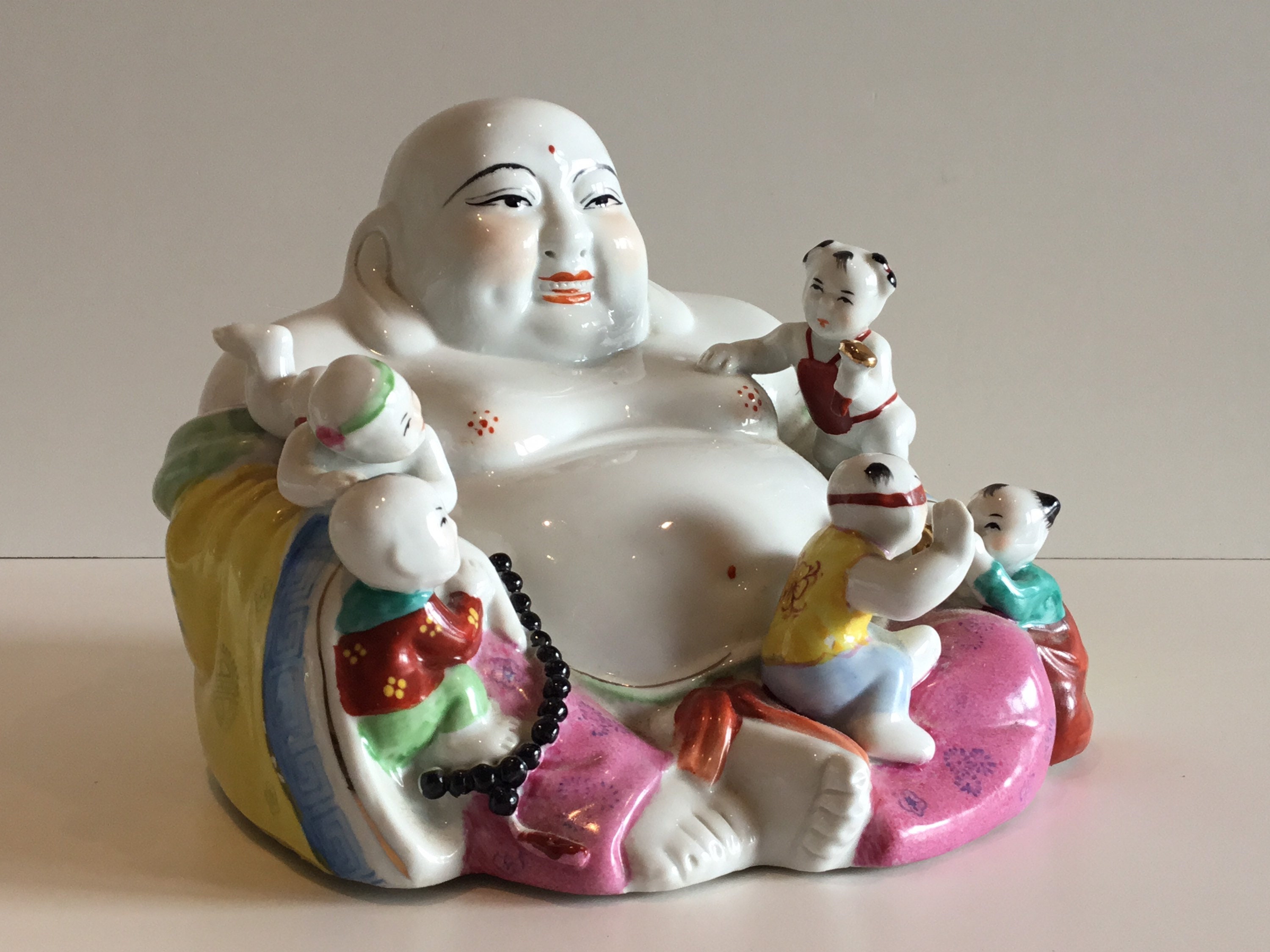 Vintage Porcelain Buddha | 1950s Chinese Laughing Buddha with Children, Hand Painted — photo 3 of 7
