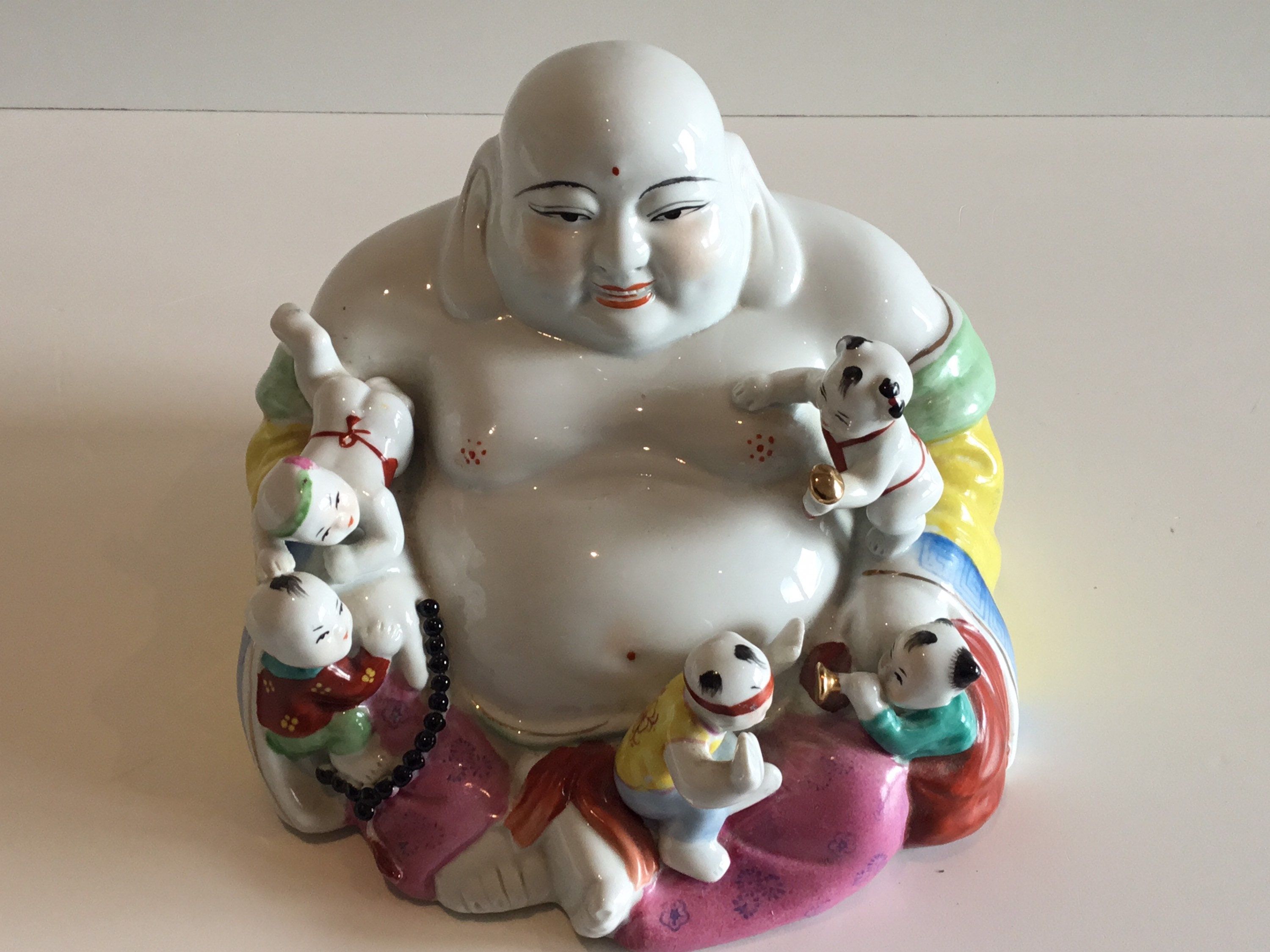 Vintage Porcelain Buddha | 1950s Chinese Laughing Buddha with Children, Hand Painted — photo 4 of 7