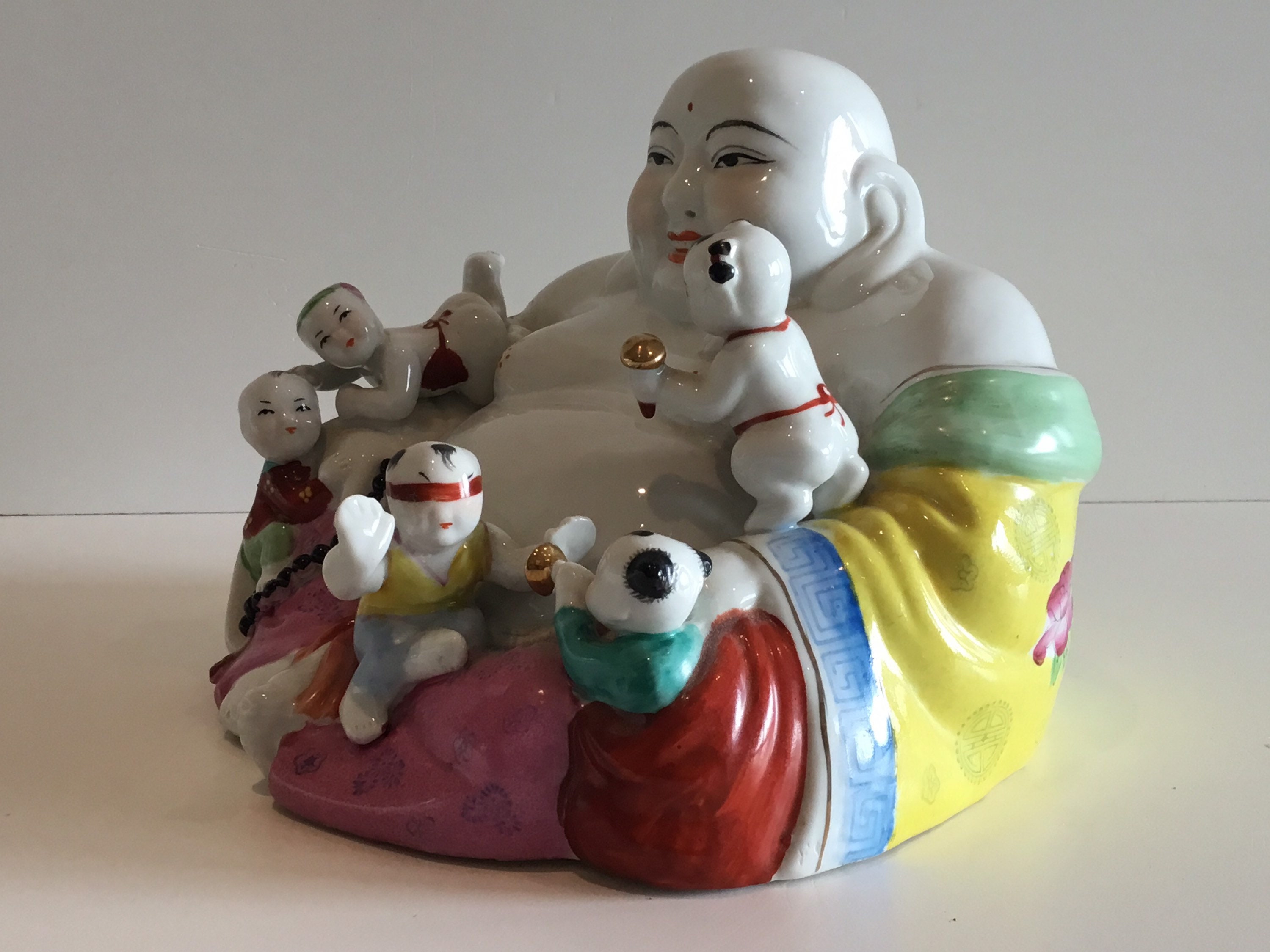 Vintage Porcelain Buddha | 1950s Chinese Laughing Buddha with Children, Hand Painted — photo 5 of 7