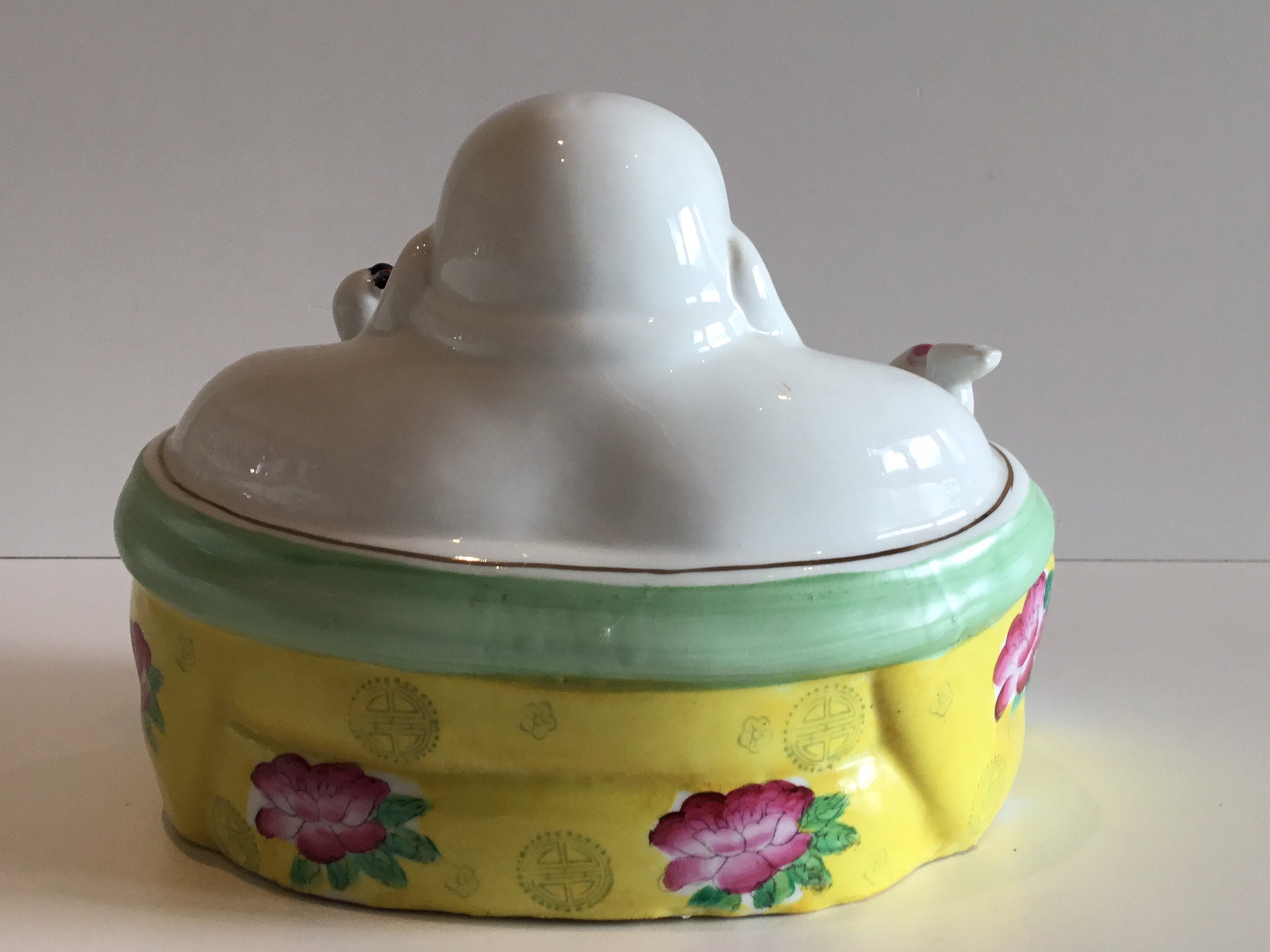 Vintage Porcelain Buddha | 1950s Chinese Laughing Buddha with Children, Hand Painted — photo 6 of 7
