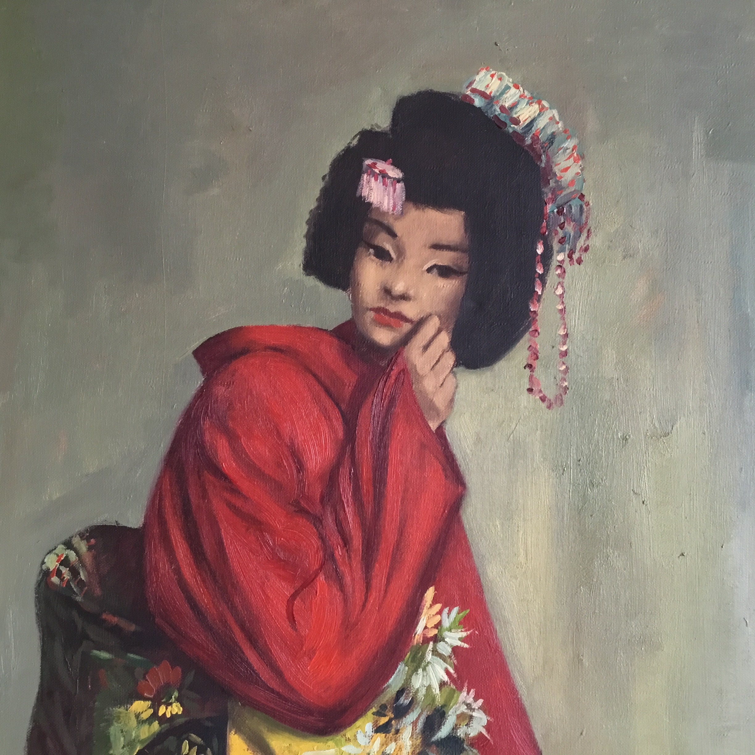 Antique Painting | 1930s Japanese Portrait of Geisha in Kimono, Signed Oil on Canvas* — photo 5 of 11