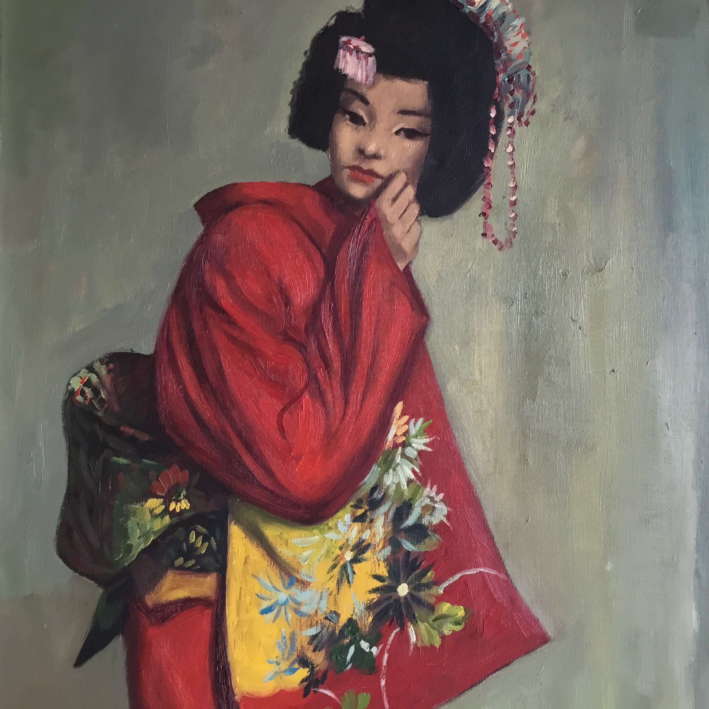 Antique Painting | 1930s Japanese Portrait of Geisha in Kimono, Signed Oil on Canvas* — photo 6 of 11