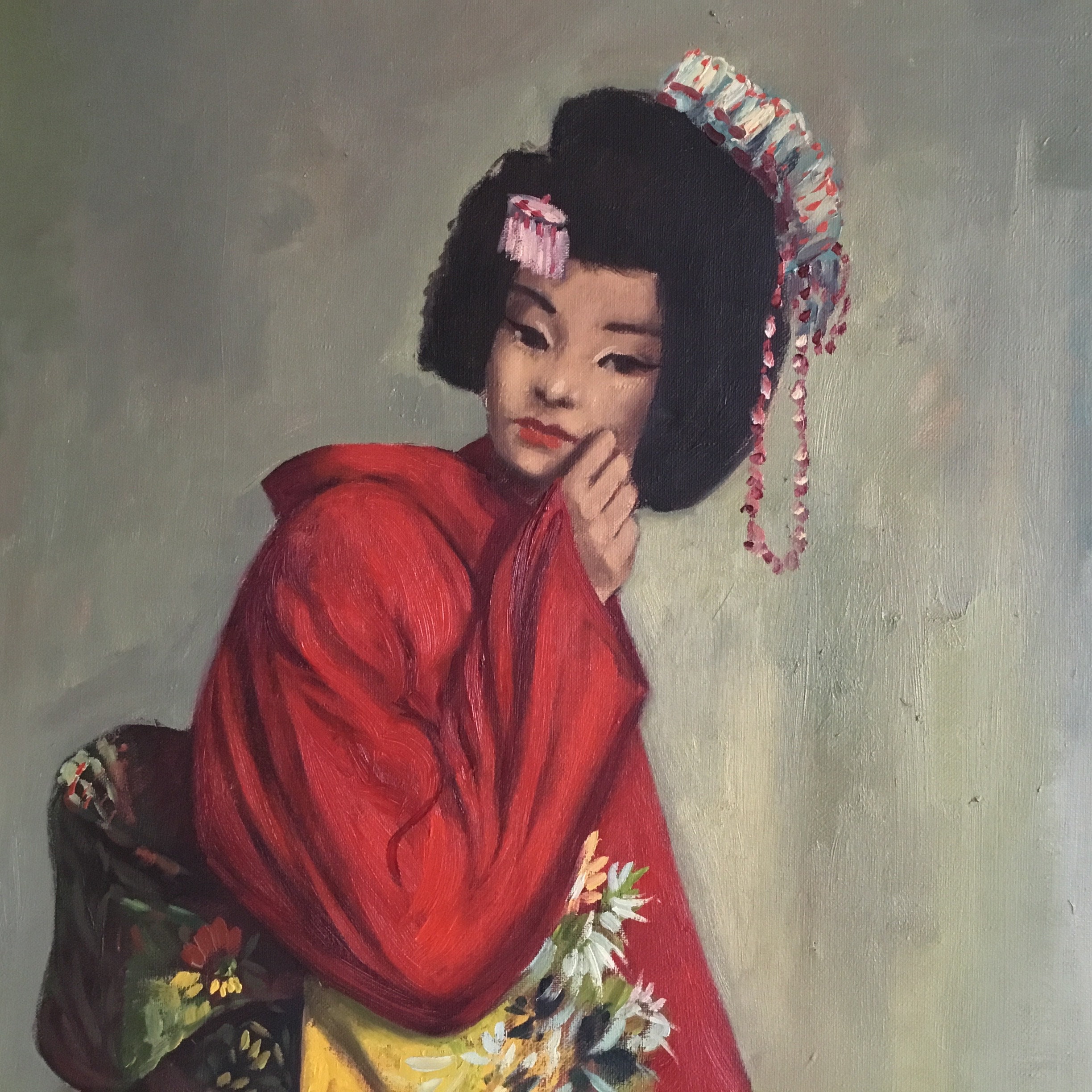 Antique Painting | 1930s Japanese Portrait of Geisha in Kimono, Signed Oil on Canvas* — photo 8 of 11