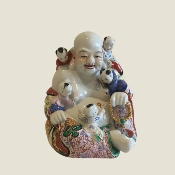 Porcelain Buddha – Large Hand-Painted Figurine With Children, 1950s China