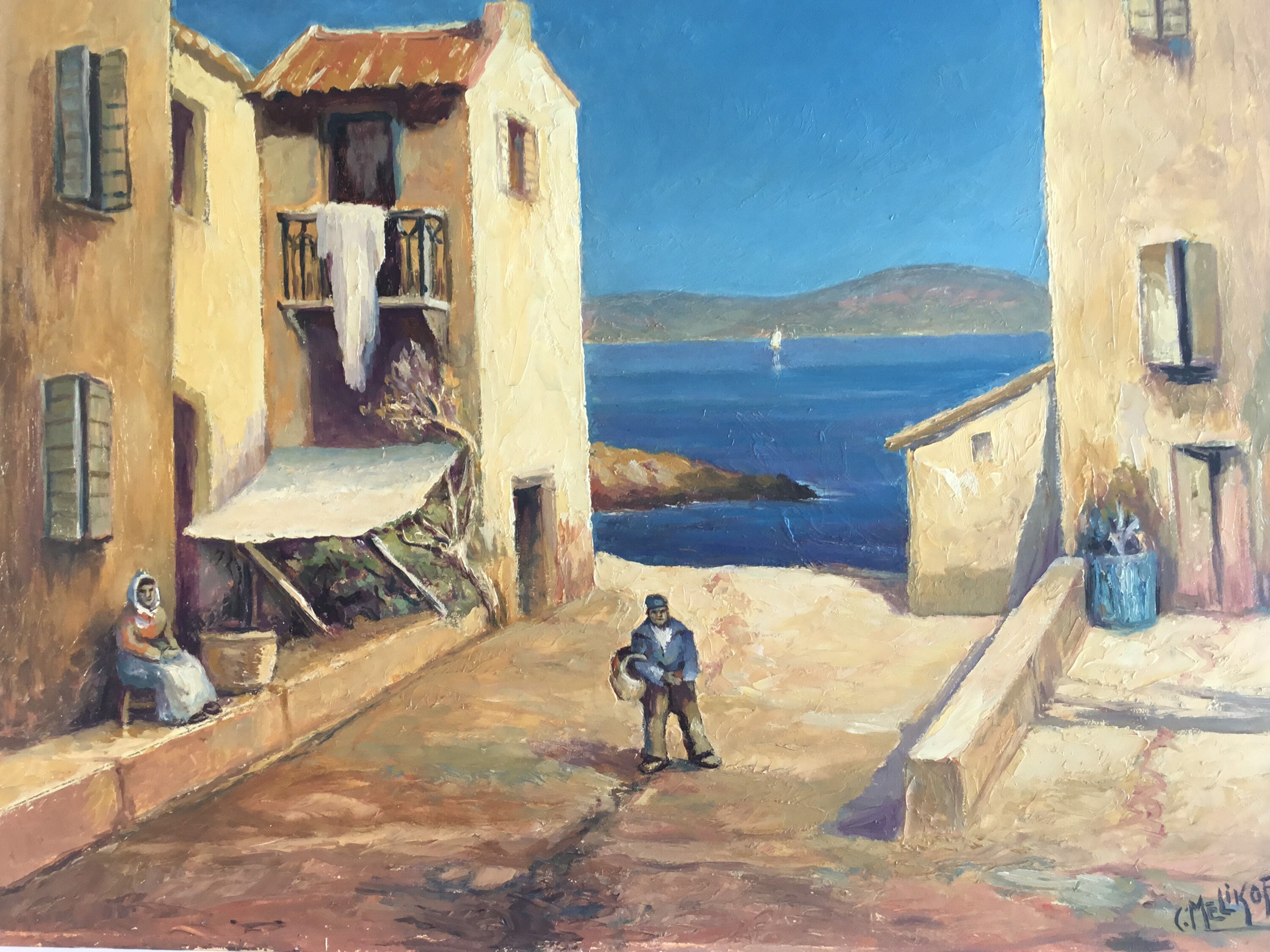 Vintage Seascape Painting | Charles Melikoff 1940s Martigues Port Marseille, Signed
