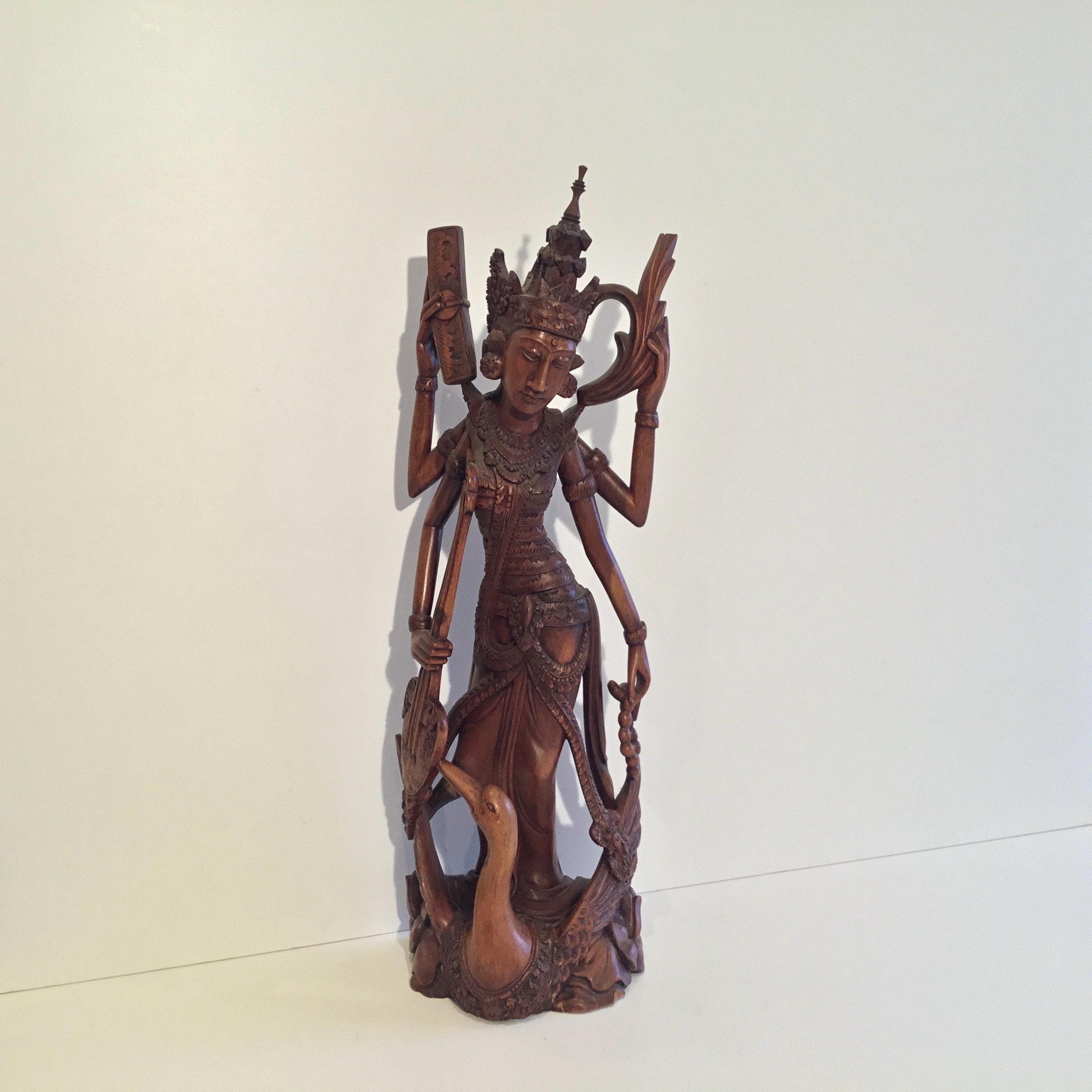 Vintage Thai Sculpture | 1940s Saraswati Goddess, Hand-Carved Exotic Wood Figure — photo 2 of 8