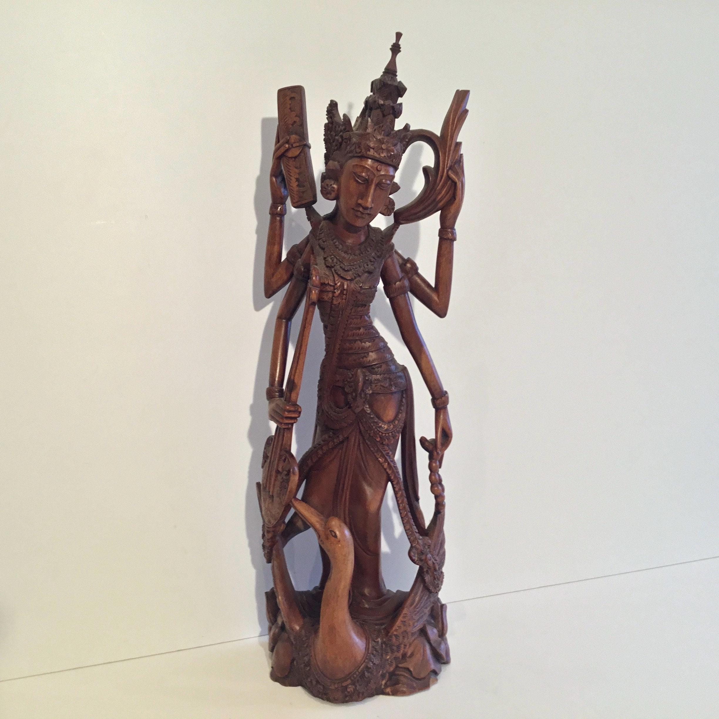 Vintage Thai Sculpture | 1940s Saraswati Goddess, Hand-Carved Exotic Wood Figure — photo 3 of 8