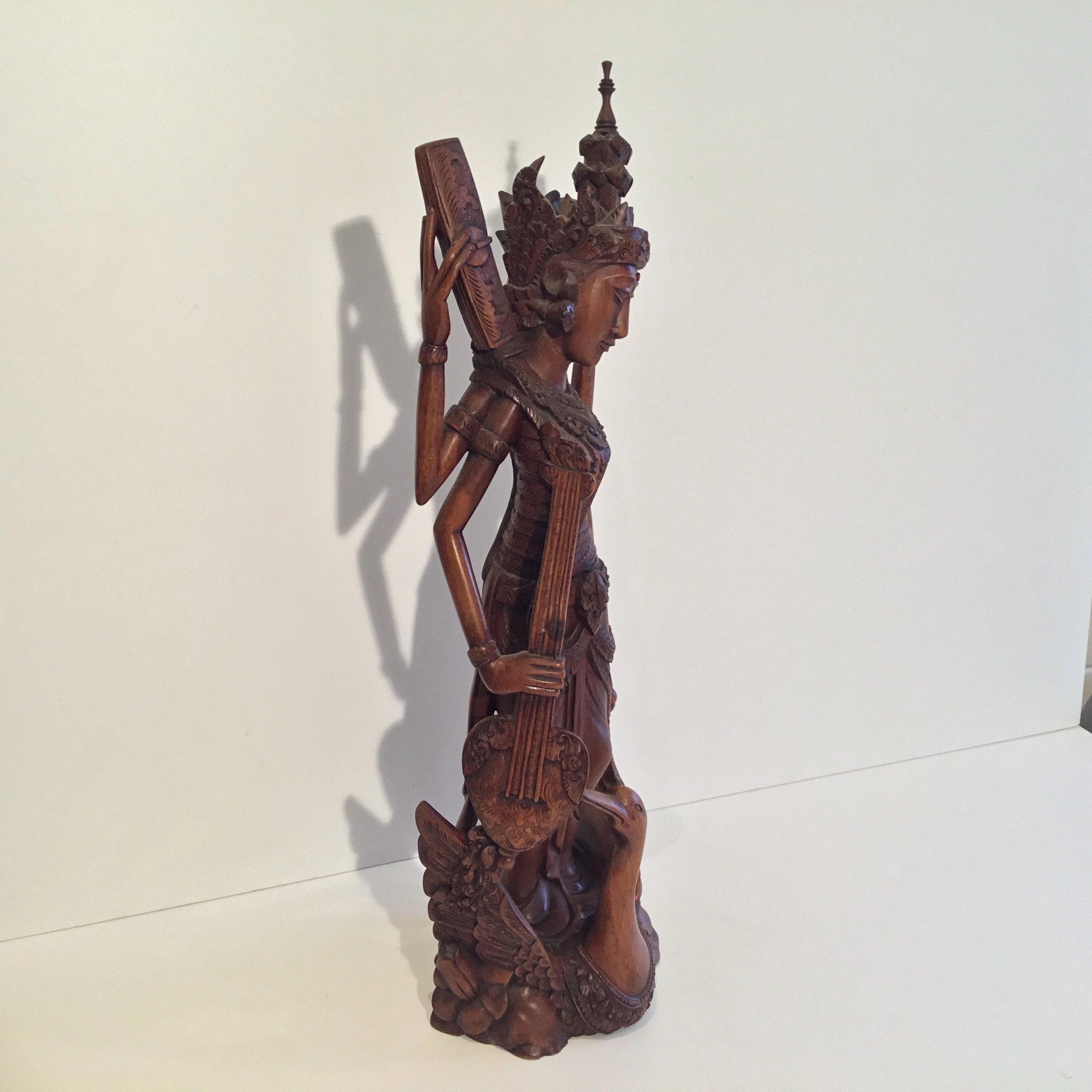 Vintage Thai Sculpture | 1940s Saraswati Goddess, Hand-Carved Exotic Wood Figure — photo 4 of 8
