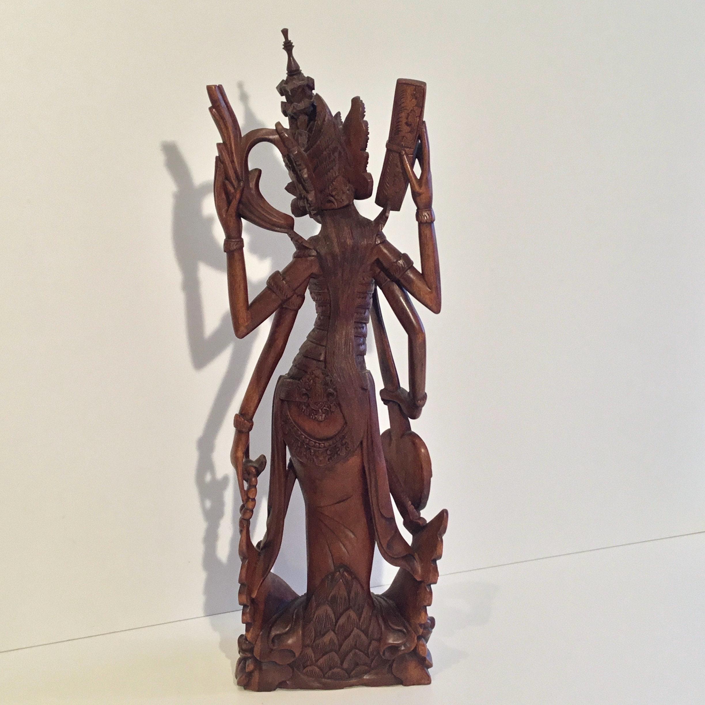 Vintage Thai Sculpture | 1940s Saraswati Goddess, Hand-Carved Exotic Wood Figure — photo 5 of 8