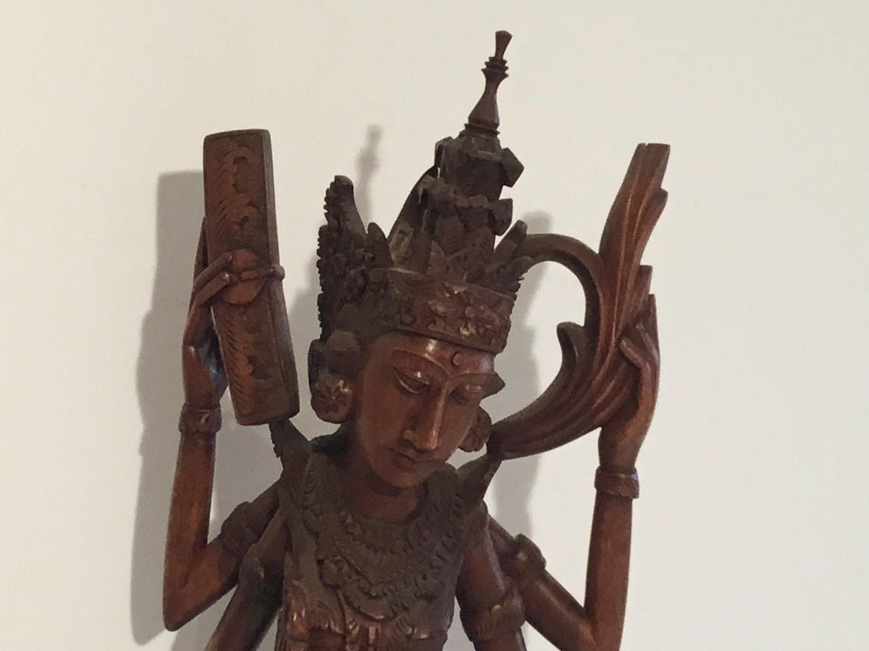 Vintage Thai Sculpture | 1940s Saraswati Goddess, Hand-Carved Exotic Wood Figure — photo 6 of 8