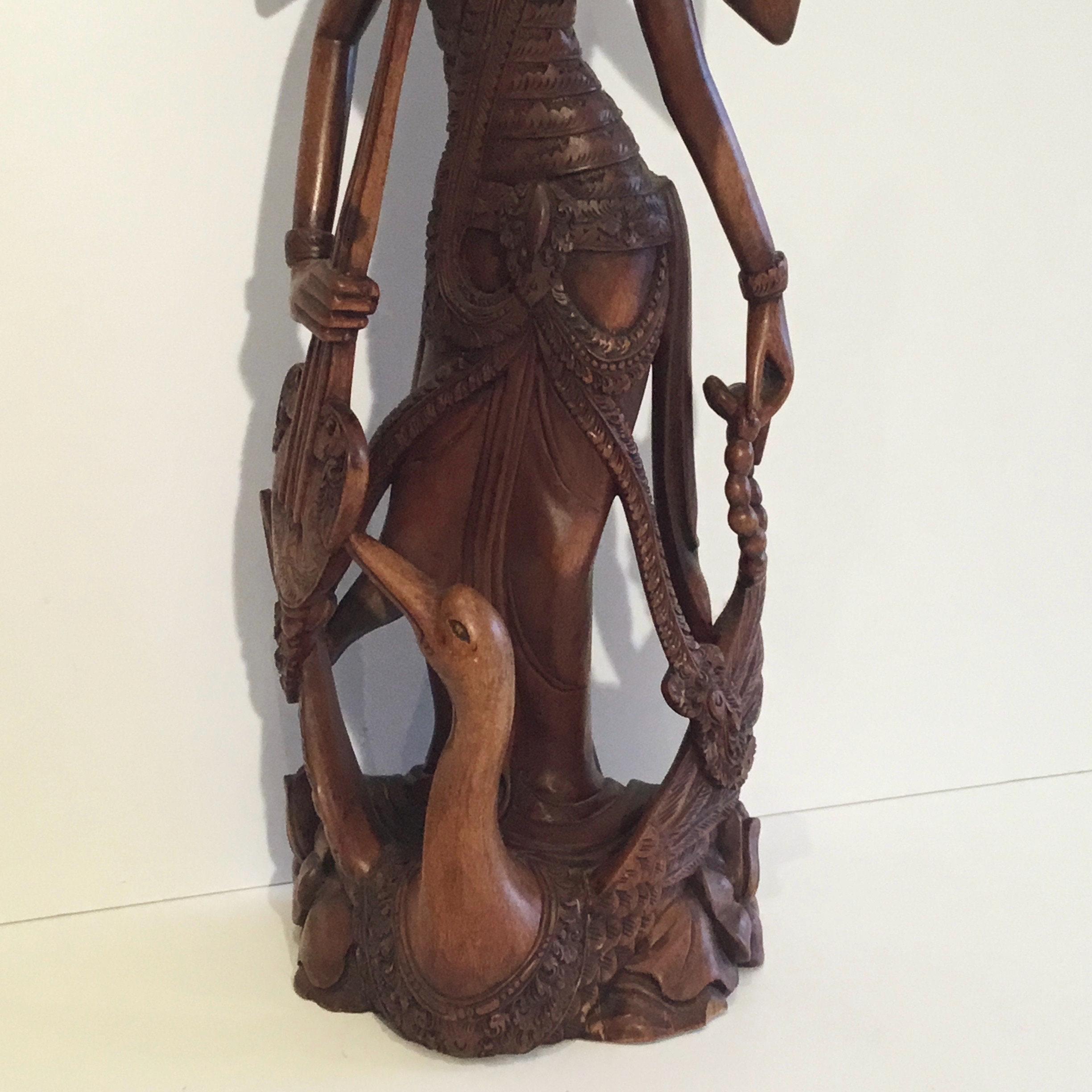 Vintage Thai Sculpture | 1940s Saraswati Goddess, Hand-Carved Exotic Wood Figure — photo 7 of 8