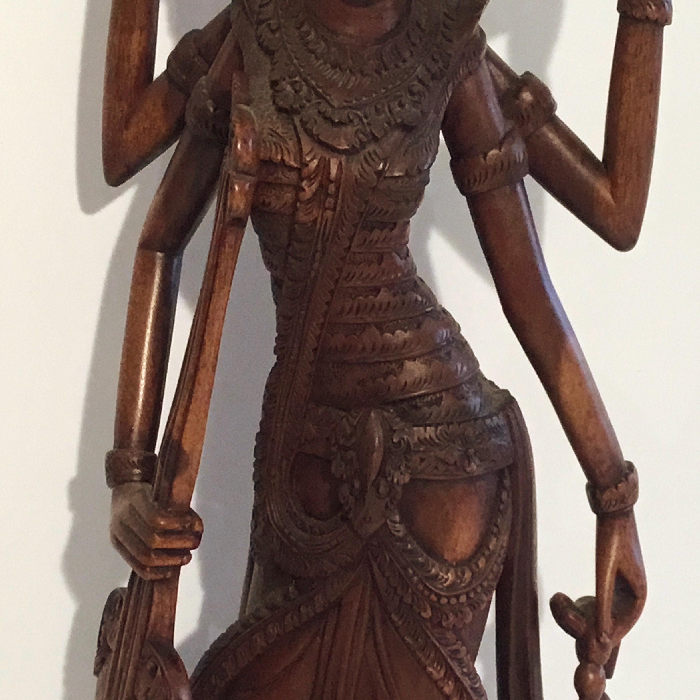 Vintage Thai Sculpture | 1940s Saraswati Goddess, Hand-Carved Exotic Wood Figure — photo 8 of 8