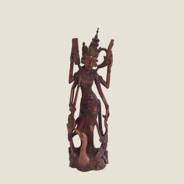 Vintage Thai Sculpture | 1940s Saraswati Goddess, Hand-Carved Exotic Wood Figure