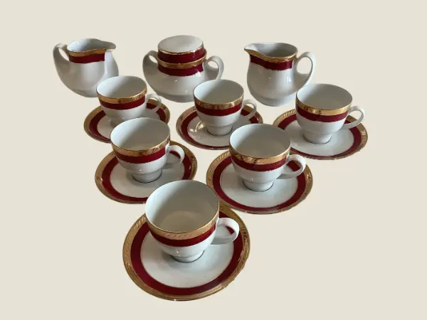 Vintage Coffee Set | Seltmann Weiden 15 Pcs 1950s Bavaria, Burgundy Gold Porcelain