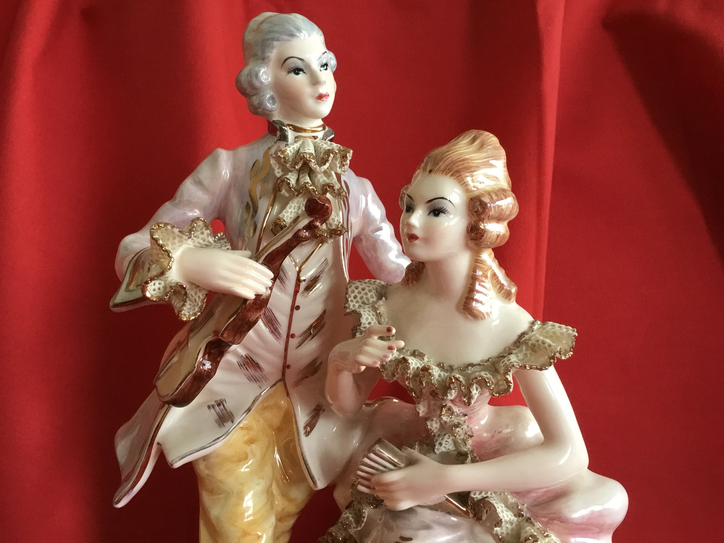 Vintage Porcelain Figurine | 1940s Sphinx Holland, Iridescent Courtiers Couple Gold Details — photo 2 of 11