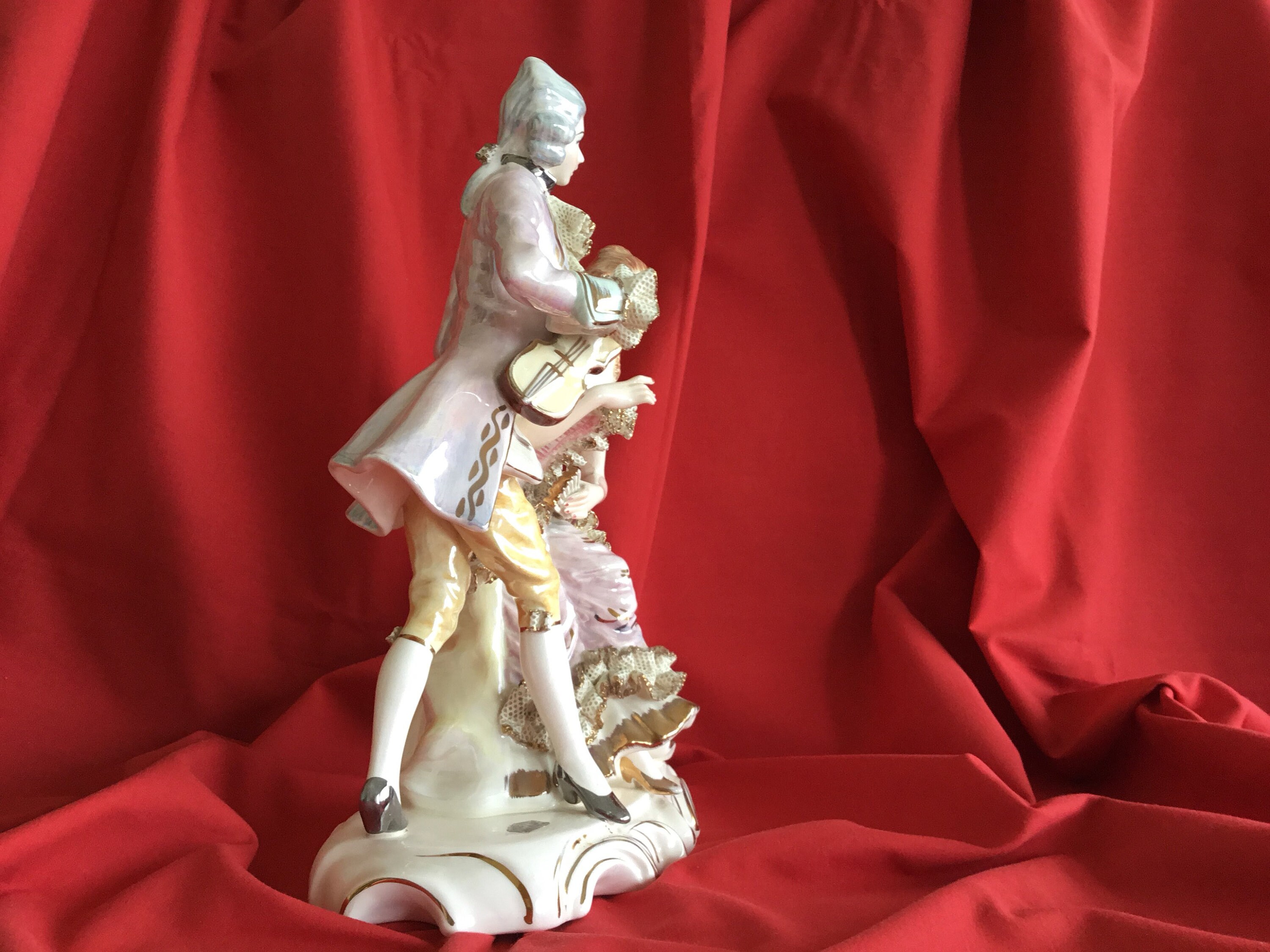 Vintage Porcelain Figurine | 1940s Sphinx Holland, Iridescent Courtiers Couple Gold Details — photo 4 of 11