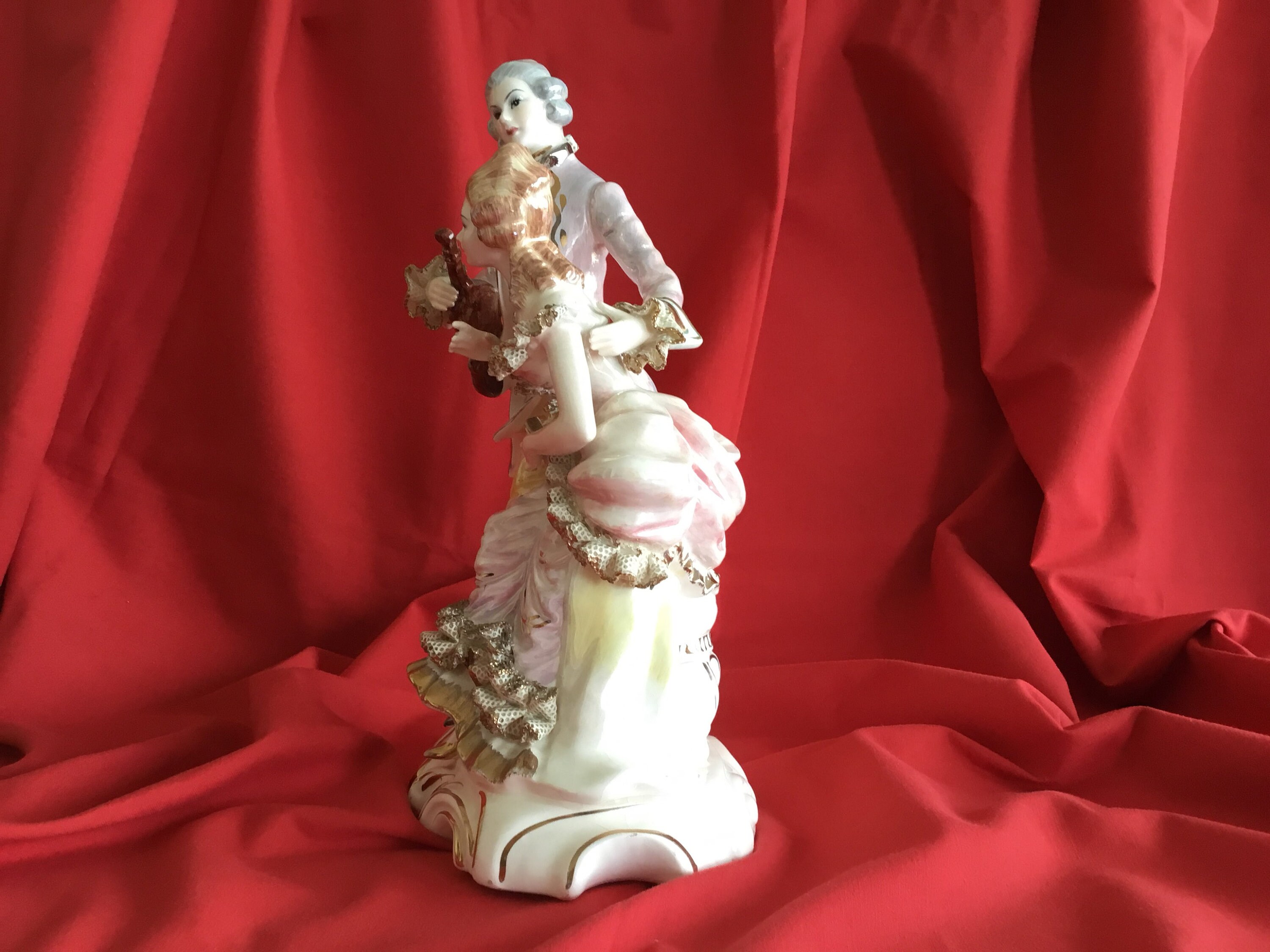 Vintage Porcelain Figurine | 1940s Sphinx Holland, Iridescent Courtiers Couple Gold Details — photo 6 of 11