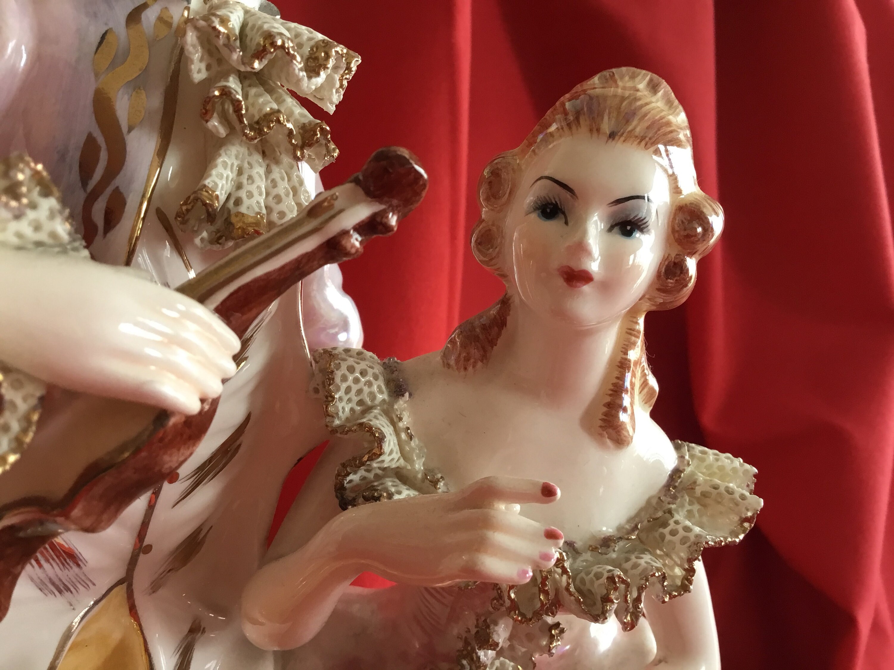 Vintage Porcelain Figurine | 1940s Sphinx Holland, Iridescent Courtiers Couple Gold Details — photo 9 of 11