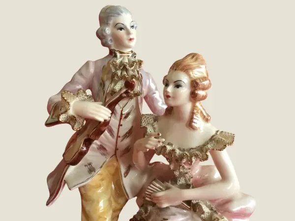 Vintage Porcelain Figurine | 1940s Sphinx Holland, Iridescent Courtiers Couple Gold Details