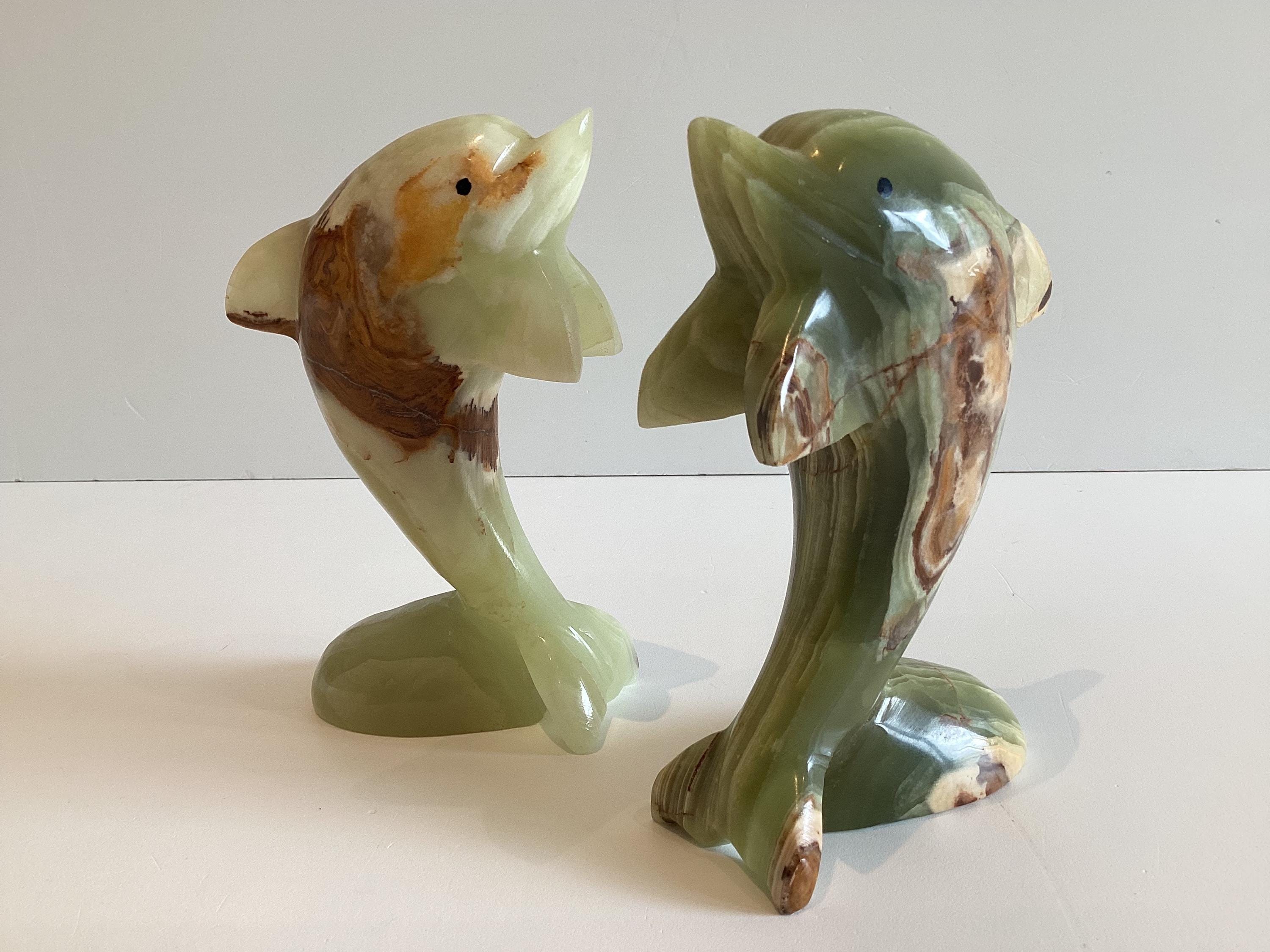 Vintage Onyx Dolphin Pair | 1960s Mid-Century Carved Stone Figurines, Italian Craftsmanship — photo 2 of 10