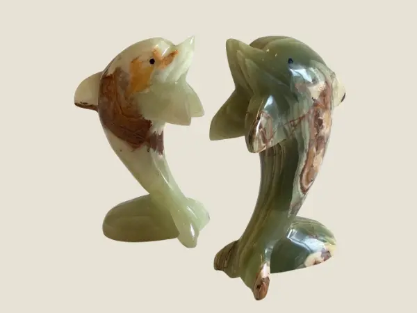 Vintage Onyx Dolphin Pair | 1960s Mid-Century Carved Stone Figurines, Italian Craftsmanship