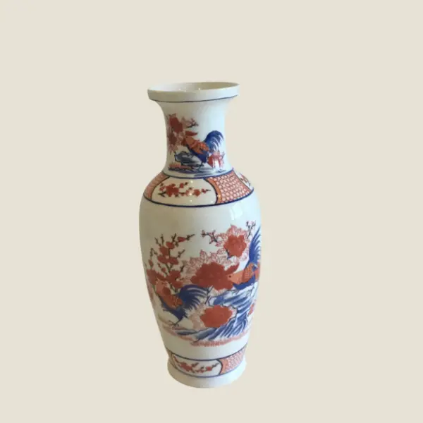 Porcelain Vase | Hand-Painted Rooster & Floral Motif (1970s) Wei Cheng  Made in China