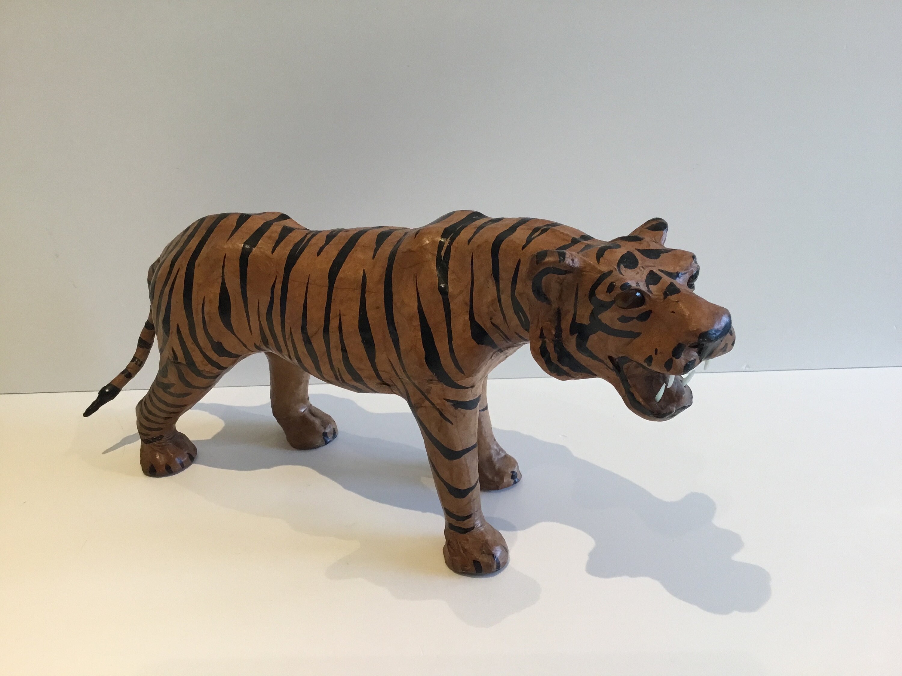 Vintage Sculpture | 1950s French Tiger, Handmade Papier-Mâché & Leather Art — photo 2 of 8
