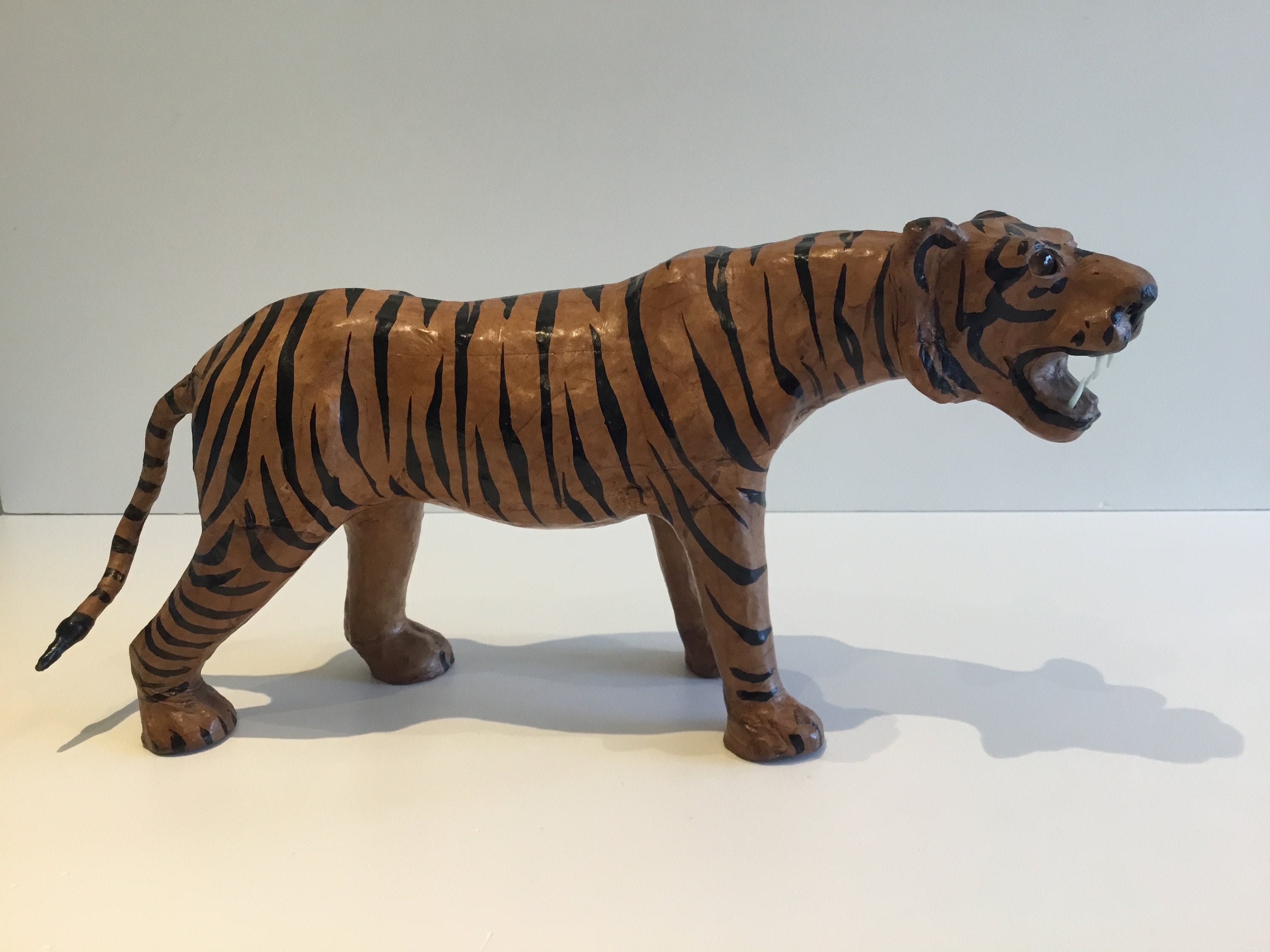 Vintage Sculpture | 1950s French Tiger, Handmade Papier-Mâché & Leather Art — photo 3 of 8