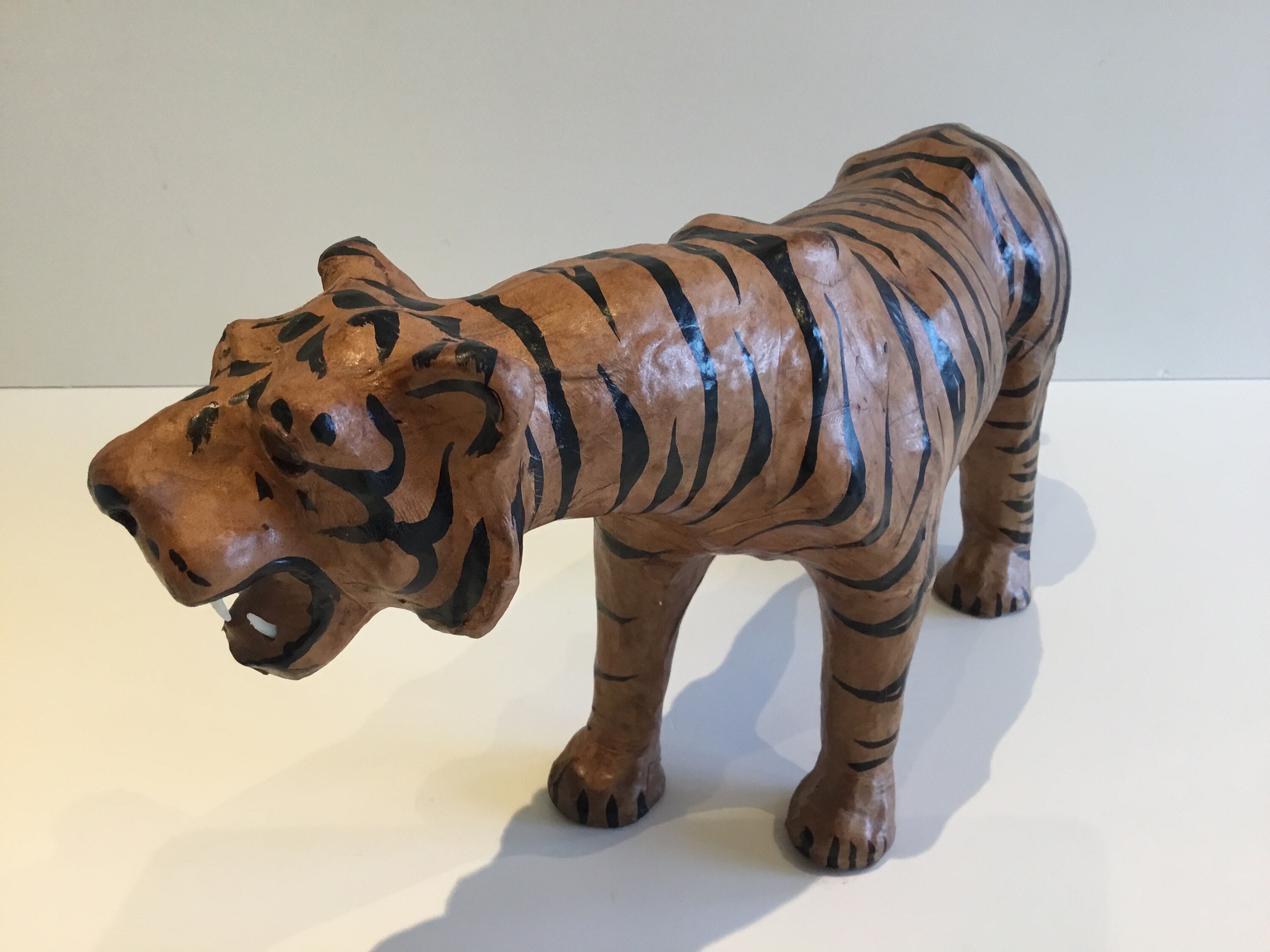 Vintage Sculpture | 1950s French Tiger, Handmade Papier-Mâché & Leather Art — photo 4 of 8