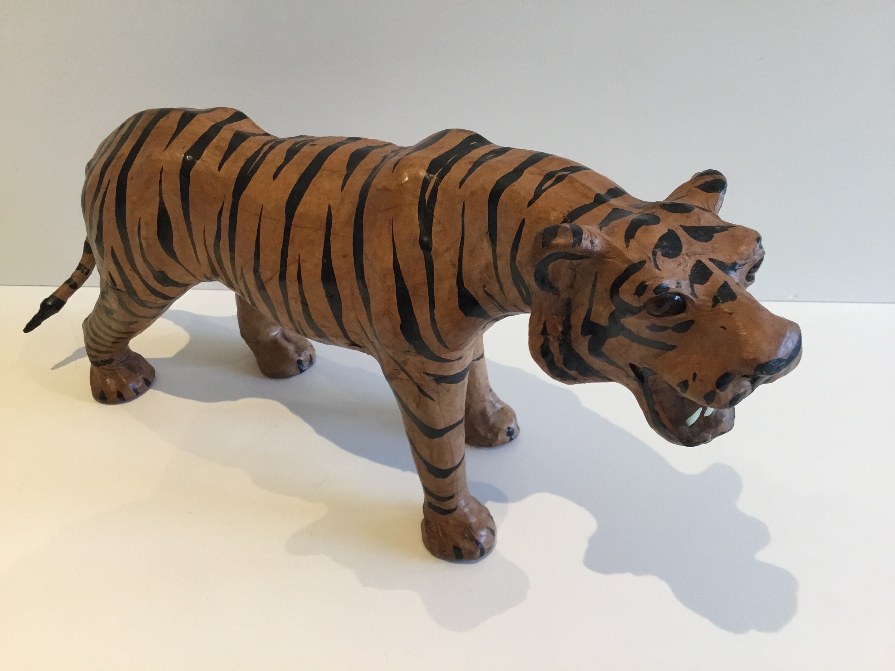 Vintage Sculpture | 1950s French Tiger, Handmade Papier-Mâché & Leather Art — photo 5 of 8