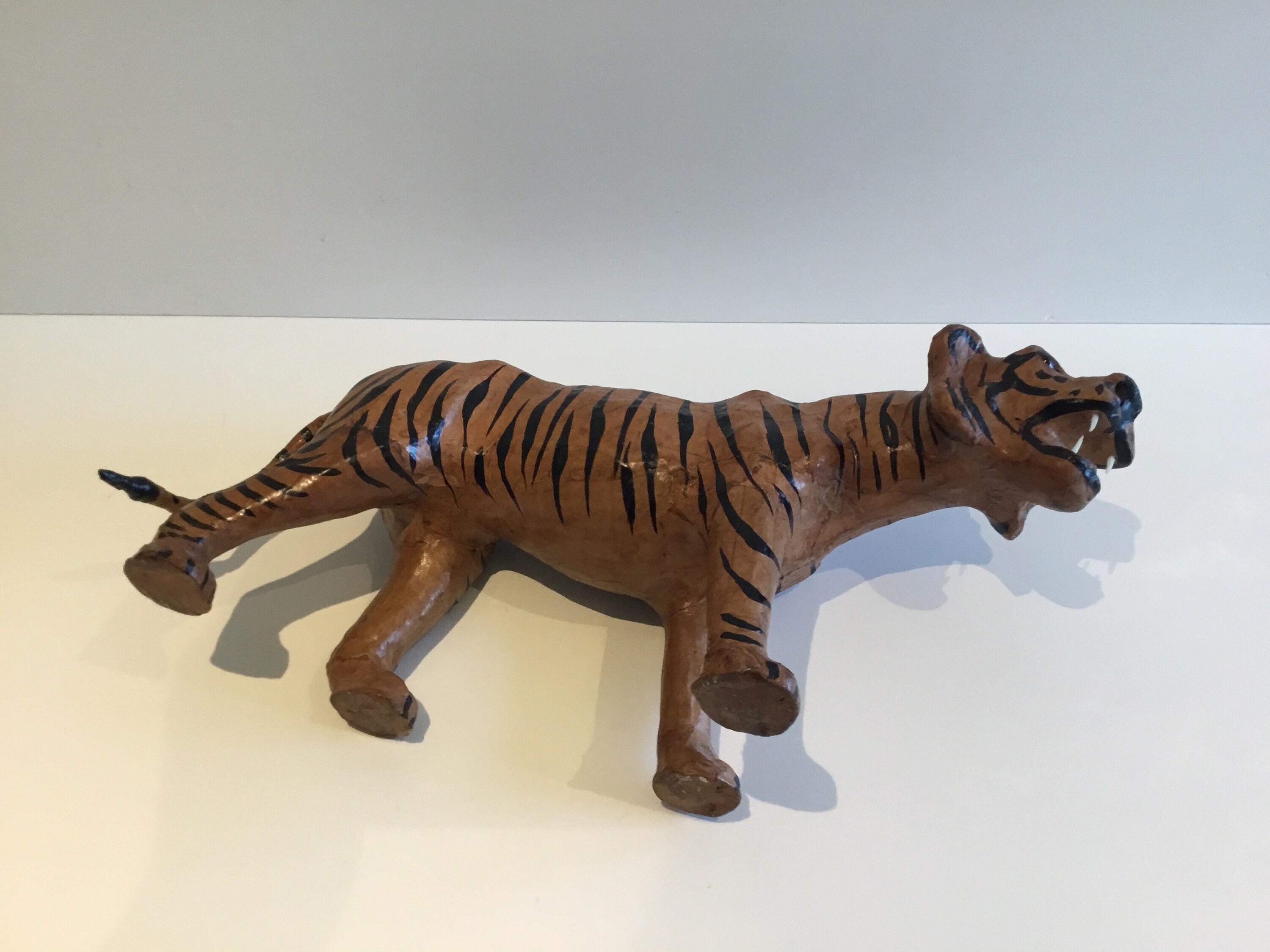 Vintage Sculpture | 1950s French Tiger, Handmade Papier-Mâché & Leather Art — photo 7 of 8