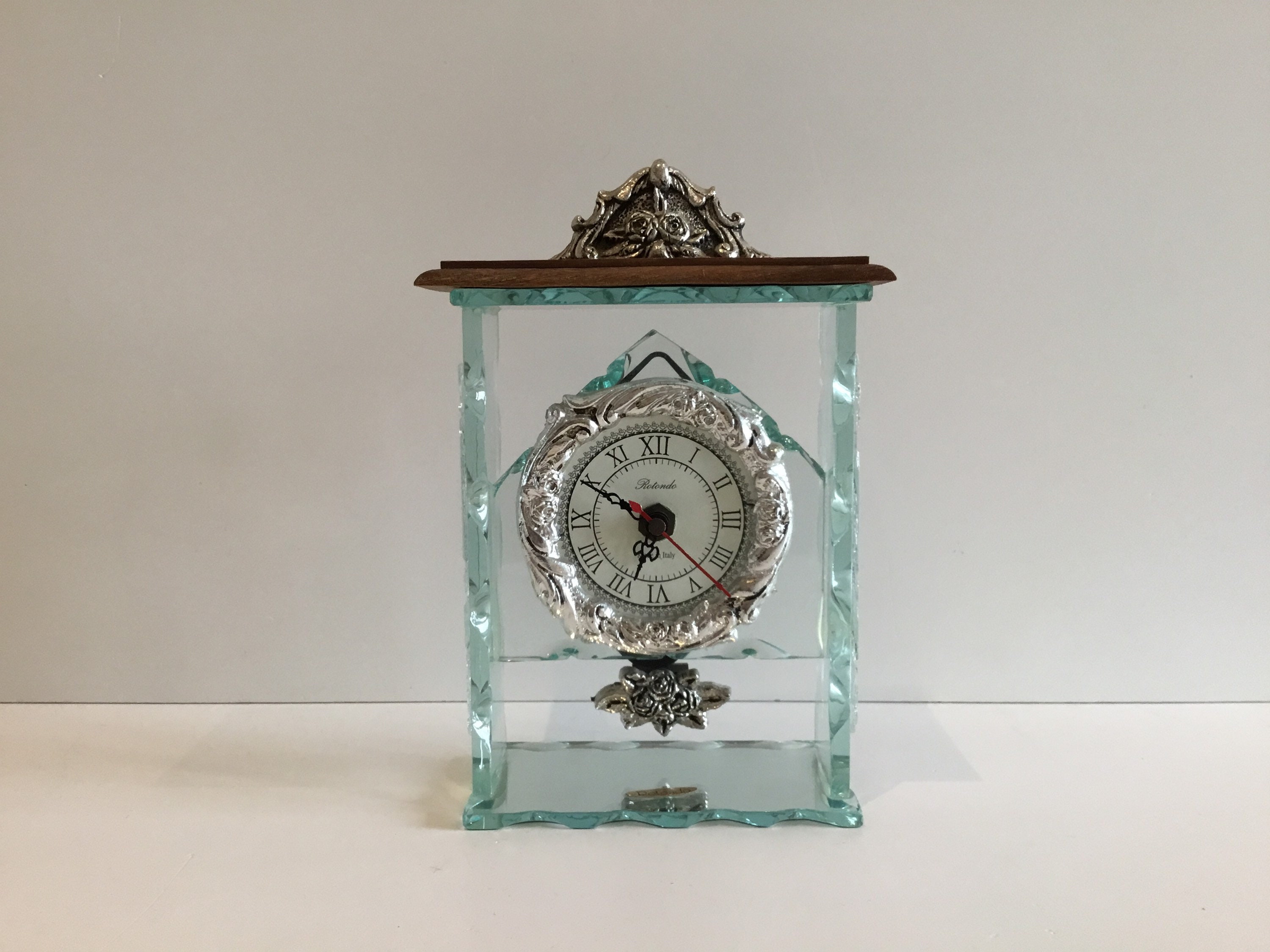 Vintage Clock | 1970s Italian Rotondo Pendulum, Glass & Wood Quartz Movement — photo 2 of 8