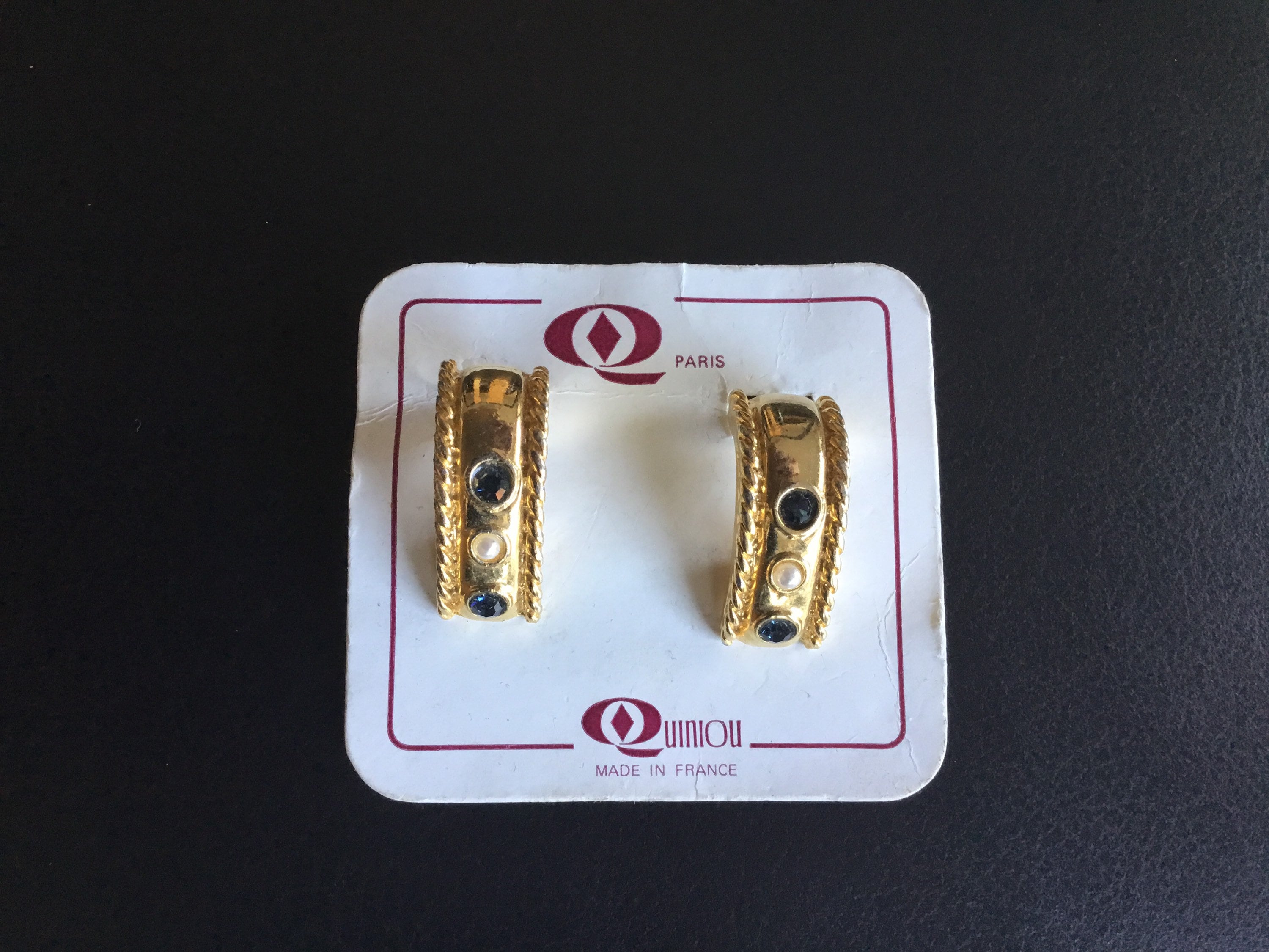 Vintage Earrings | 1980s French Quiniou Gold Plated, Pearl & Cut Stone — photo 2 of 8