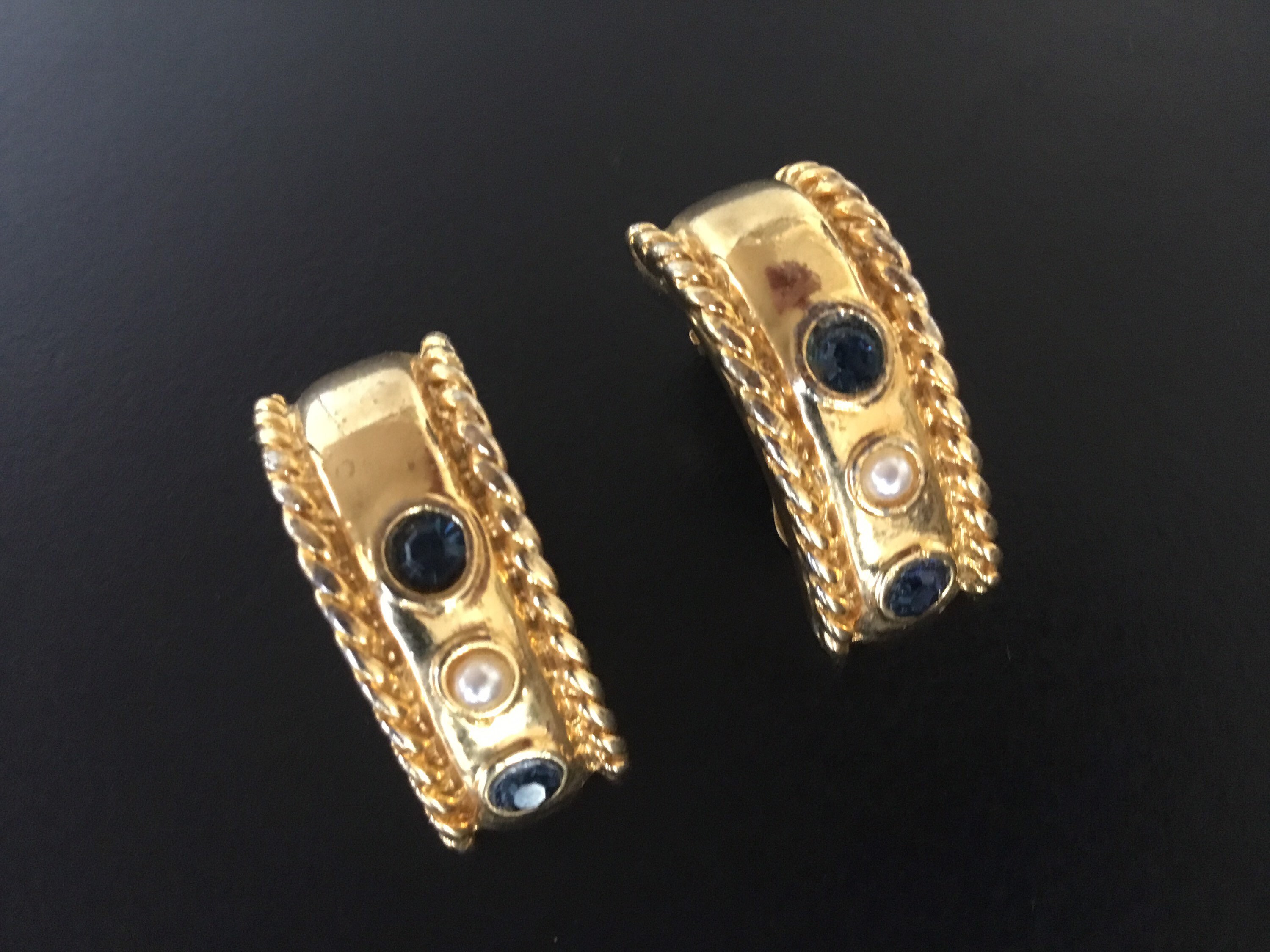 Vintage Earrings | 1980s French Quiniou Gold Plated, Pearl & Cut Stone — photo 3 of 8