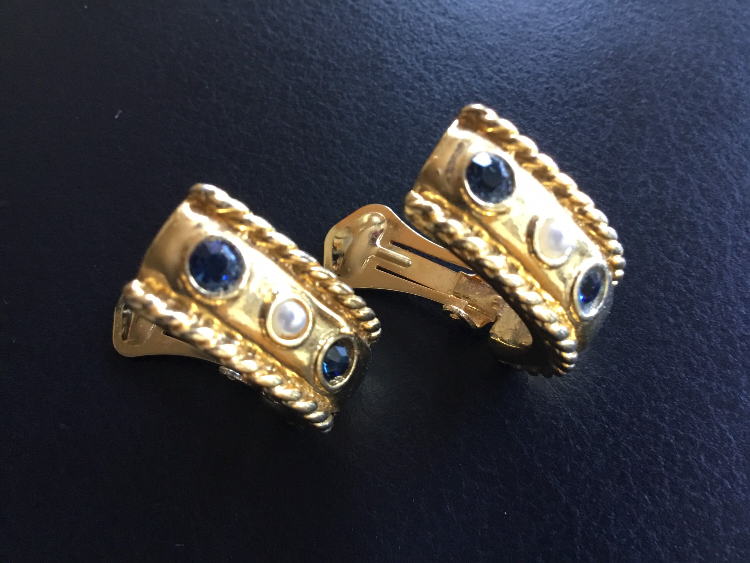 Vintage Earrings | 1980s French Quiniou Gold Plated, Pearl & Cut Stone — photo 4 of 8